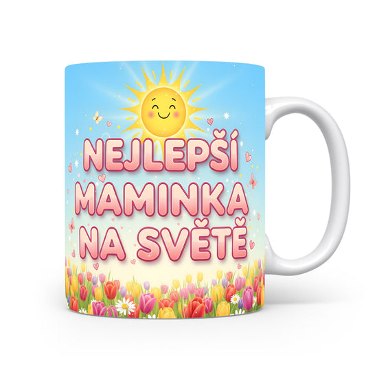 Hrnek Nejlepší maminka na světě – usměvavé sluníčko a rozkvetlá louka – varianta 11