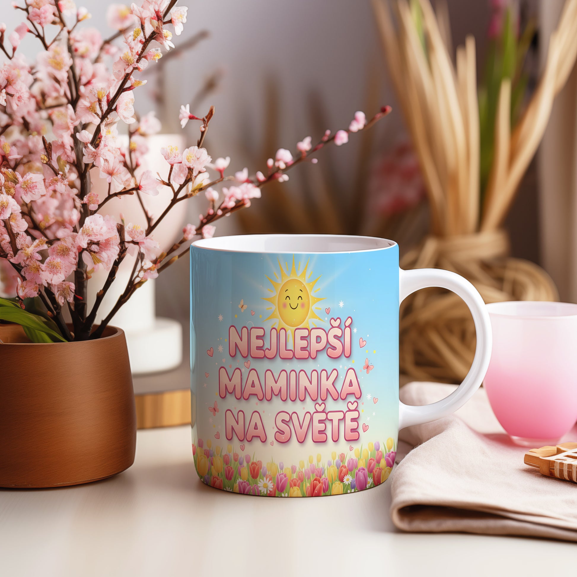 Hrnek Nejlepší maminka na světě – usměvavé sluníčko a rozkvetlá louka – varianta 55