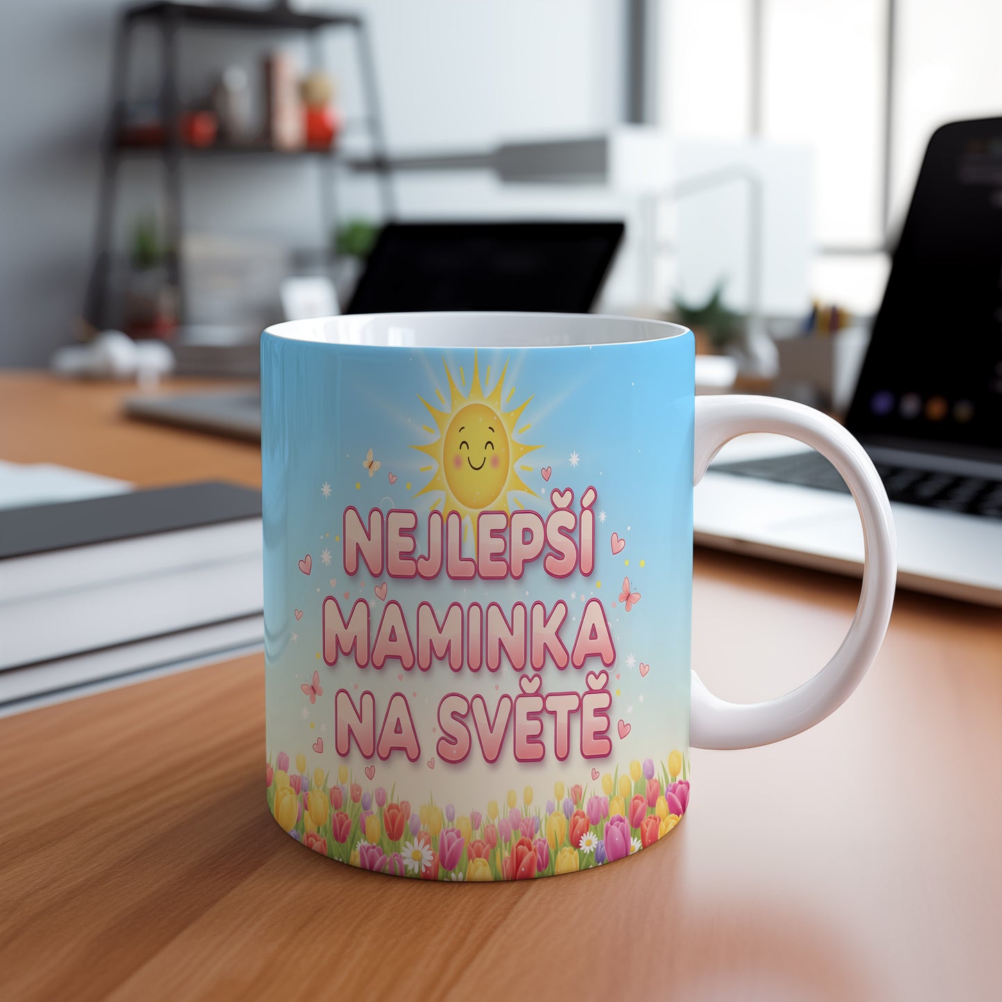 Hrnek Nejlepší maminka na světě – usměvavé sluníčko a rozkvetlá louka – varianta 88