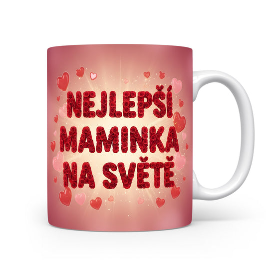 Hrnek Nejlepší maminka na světě – záplava červených srdcí na růžovém gradientu – varianta 11