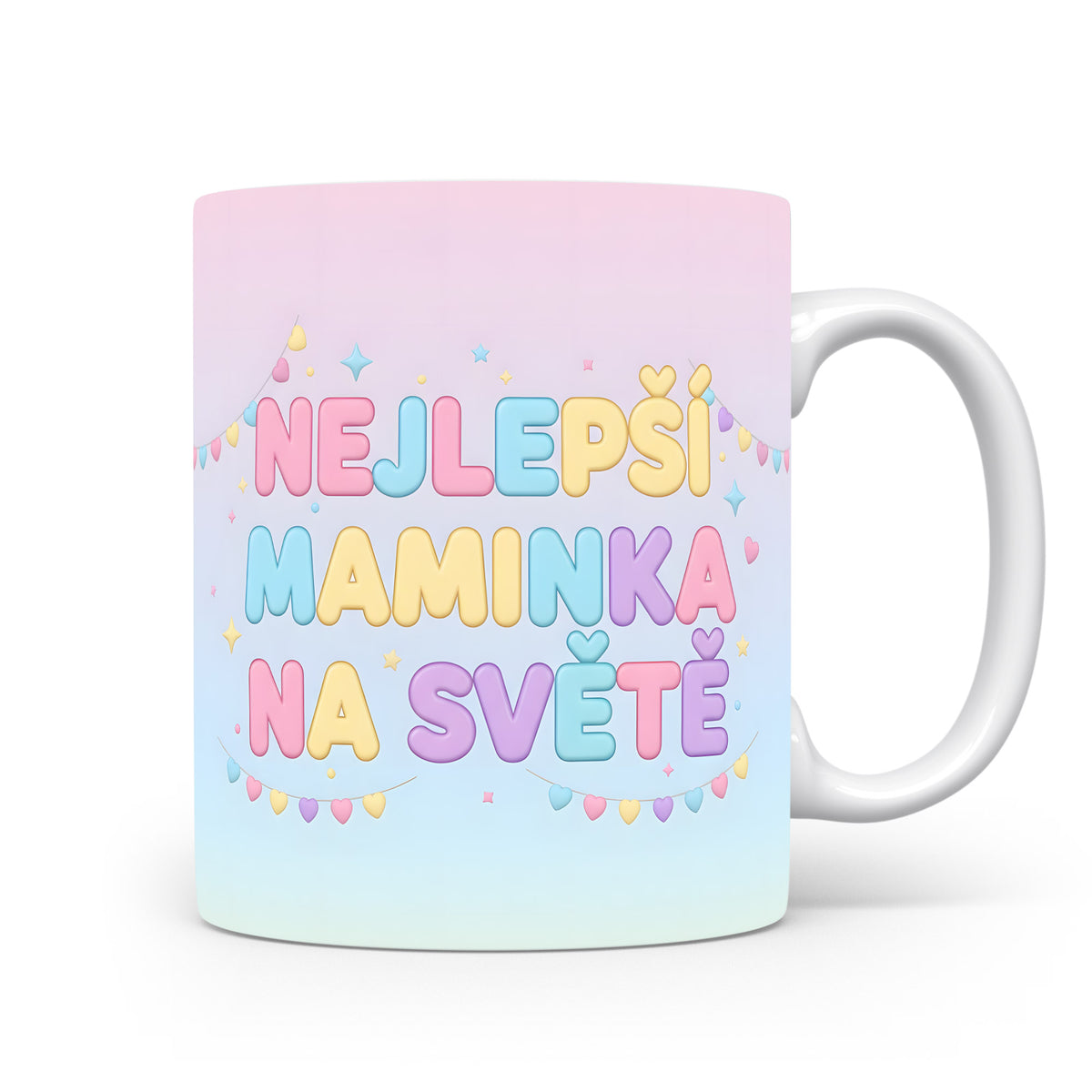 Hrnek NEJLEPŠÍ MAMINKA NA SVĚTĚ – pastelové srdíčka a hvězdičky na pozadí – varianta 11