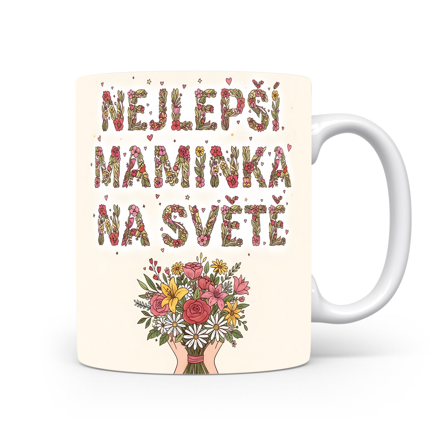 Hrnek NEJLEPŠÍ MAMINKA NA SVĚTĚ – květinová harmonie na pastelovém pozadí – varianta 11