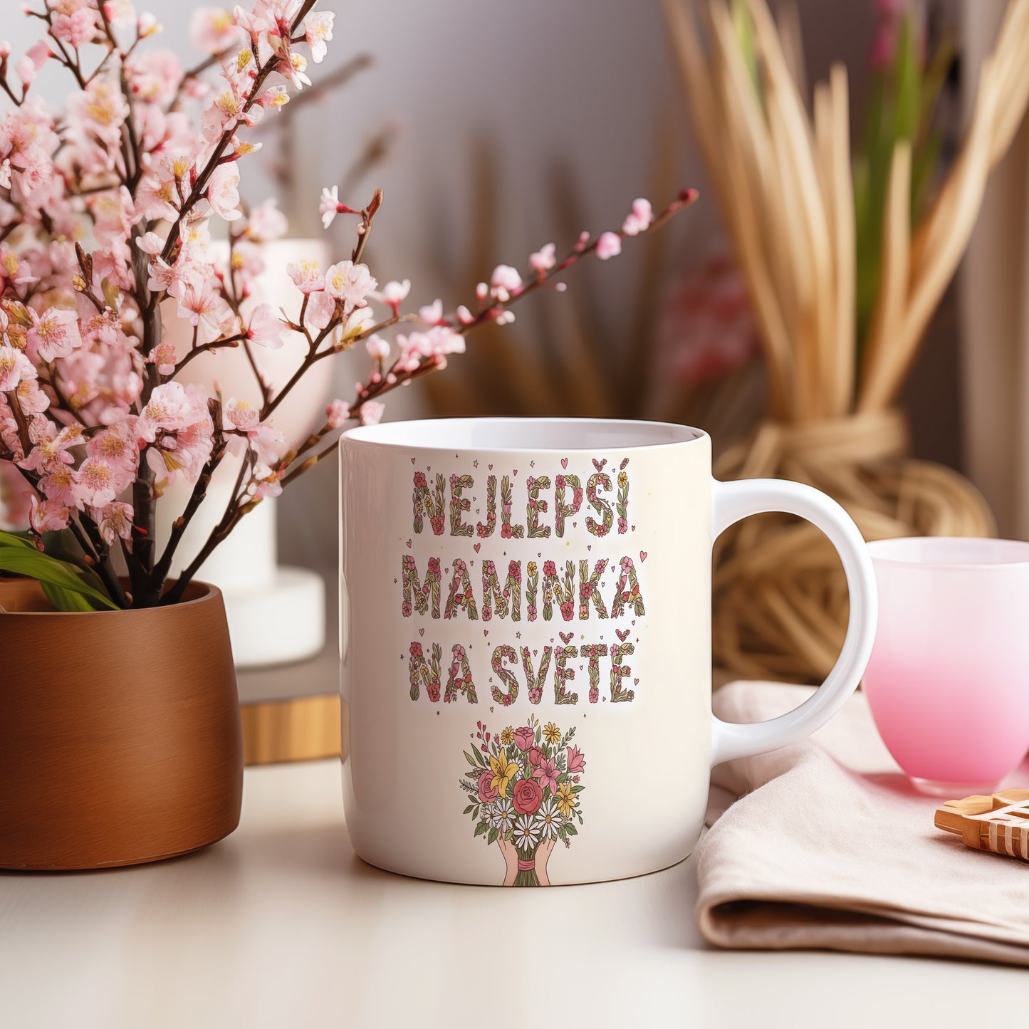 Hrnek NEJLEPŠÍ MAMINKA NA SVĚTĚ – květinová harmonie na pastelovém pozadí – varianta 55