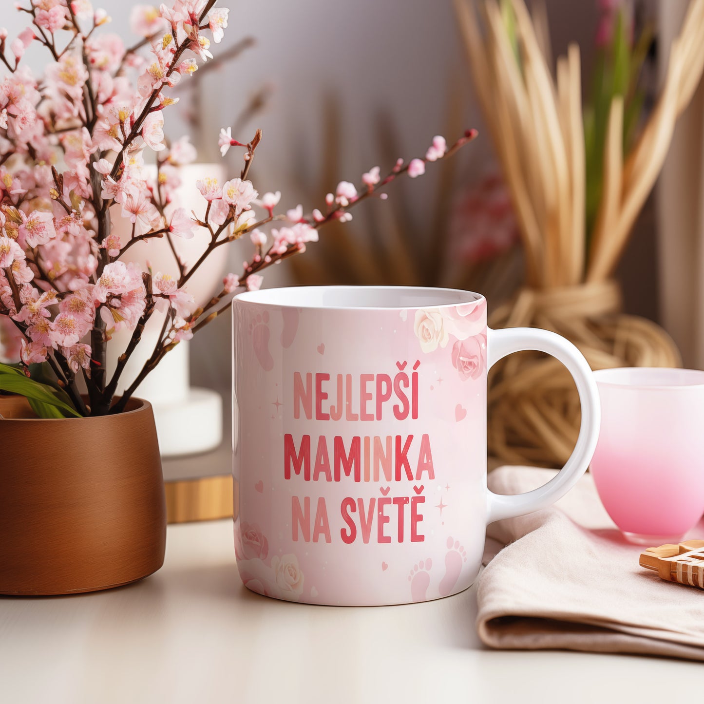 Hrnek Nejlepší maminka na světě – růžové růže a jemná srdíčka – varianta 55
