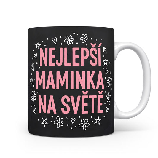Hrnek Nejlepší maminka na světě – moderní květinové vzory s růžovými písmeny – varianta 11