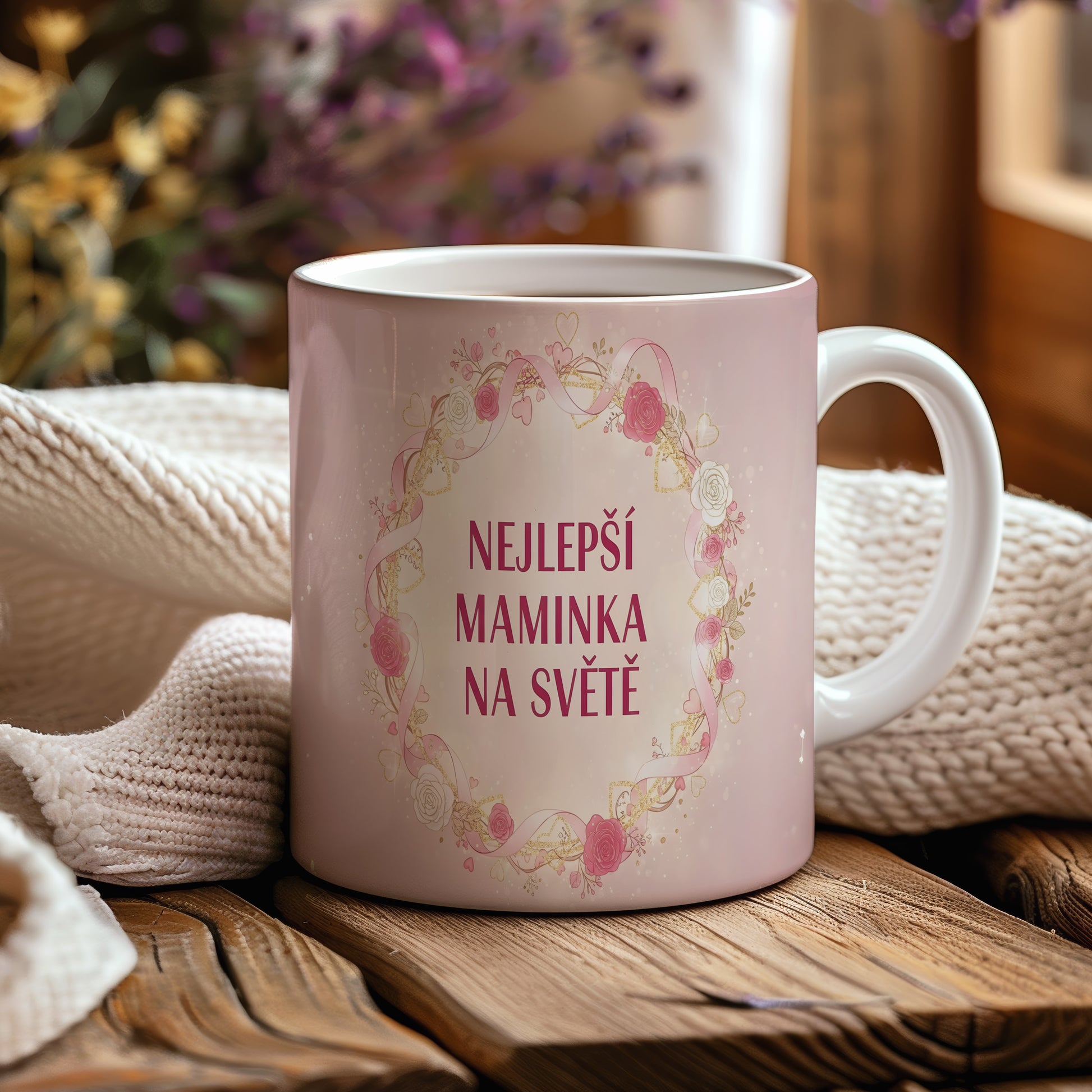 Hrnek Nejlepší maminka na světě – romantický květinový věnec s růžemi – varianta 44