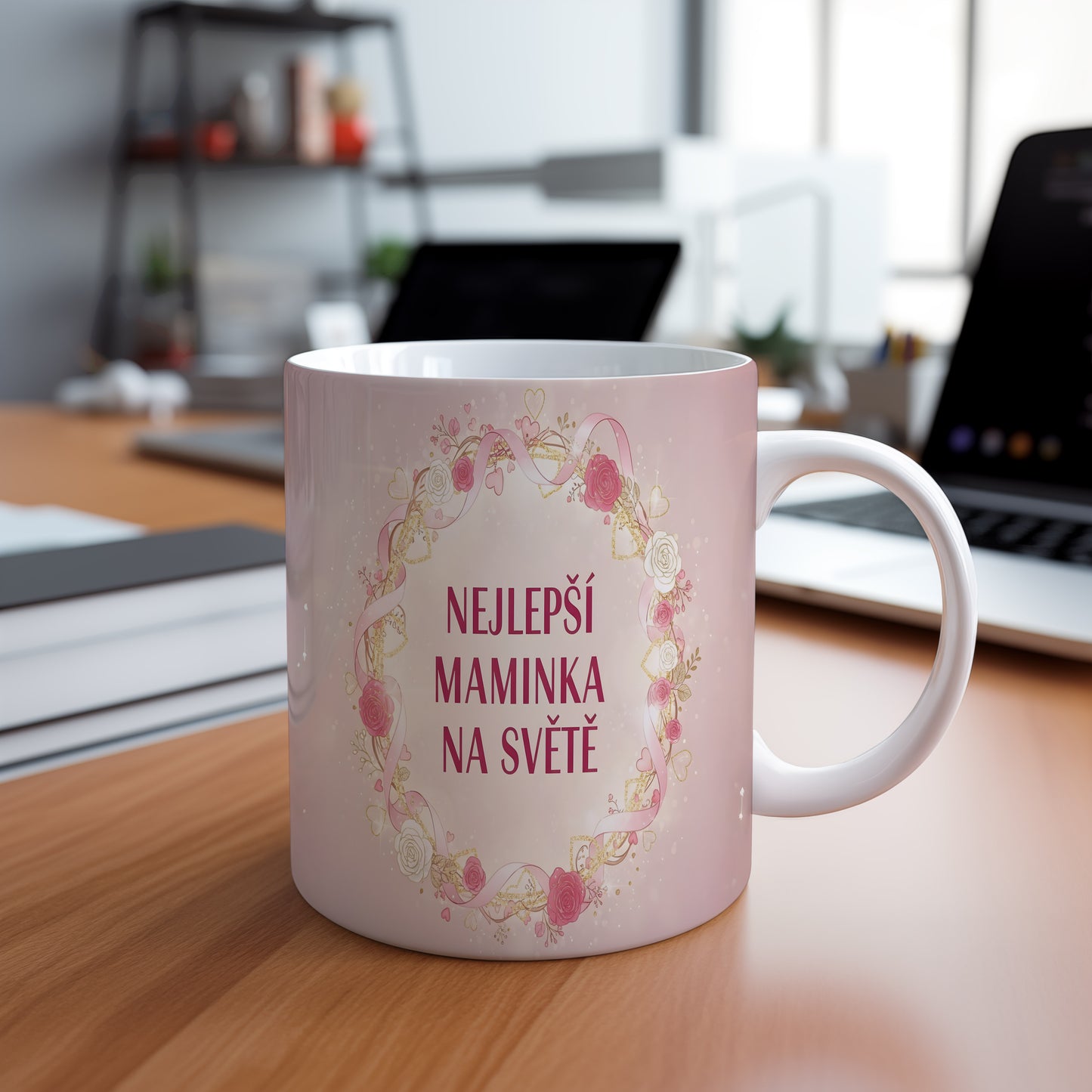 Hrnek Nejlepší maminka na světě – romantický květinový věnec s růžemi – varianta 88