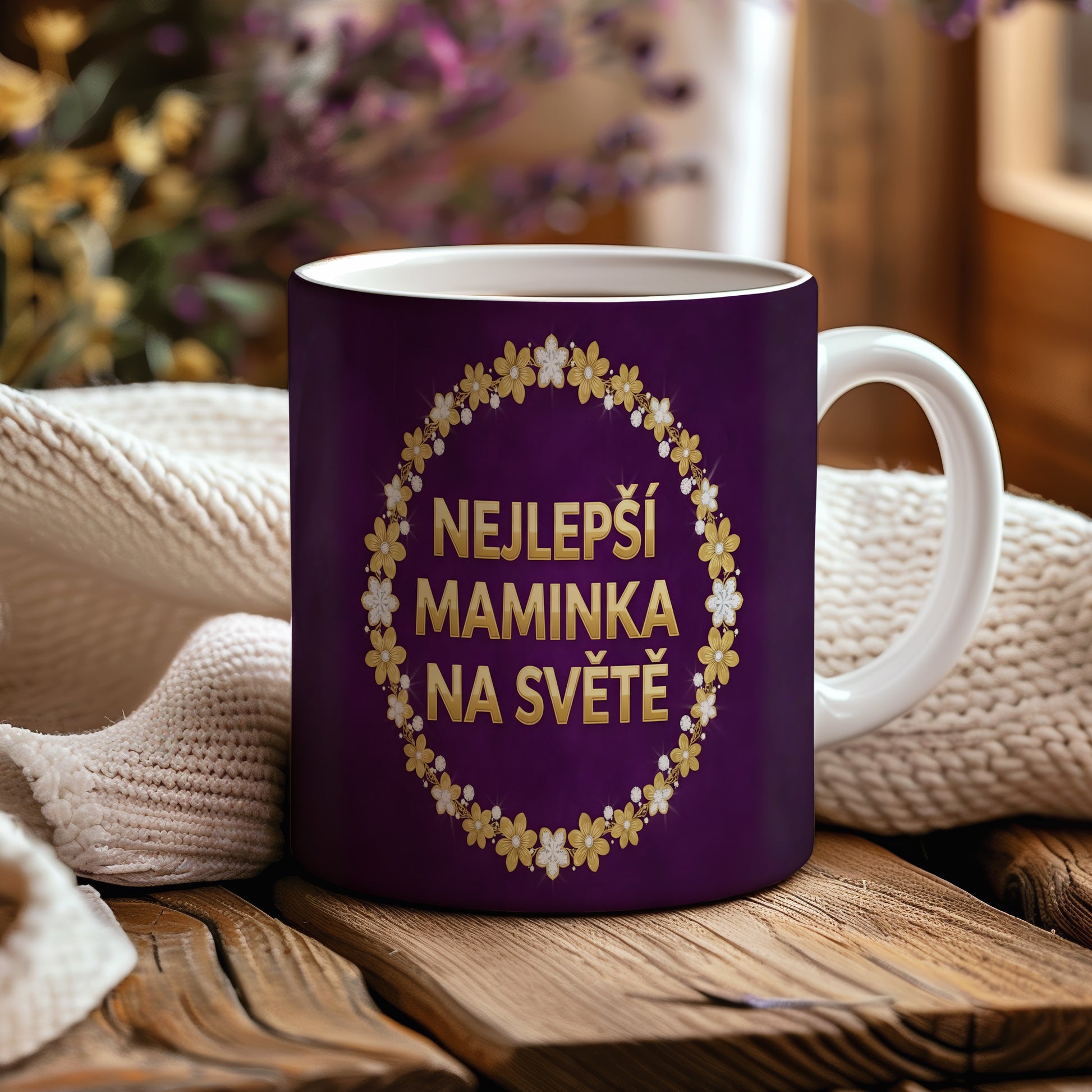 Hrnek NEJLEPŠÍ MAMINKA NA SVĚTĚ – zlaté květy na fialovém gradientu – varianta 44