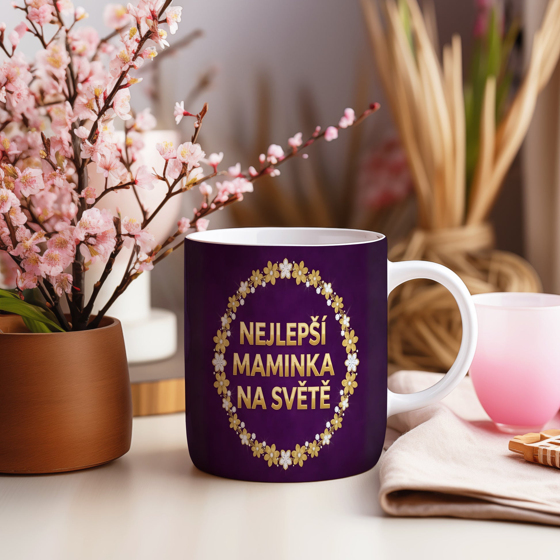 Hrnek NEJLEPŠÍ MAMINKA NA SVĚTĚ – zlaté květy na fialovém gradientu – varianta 55