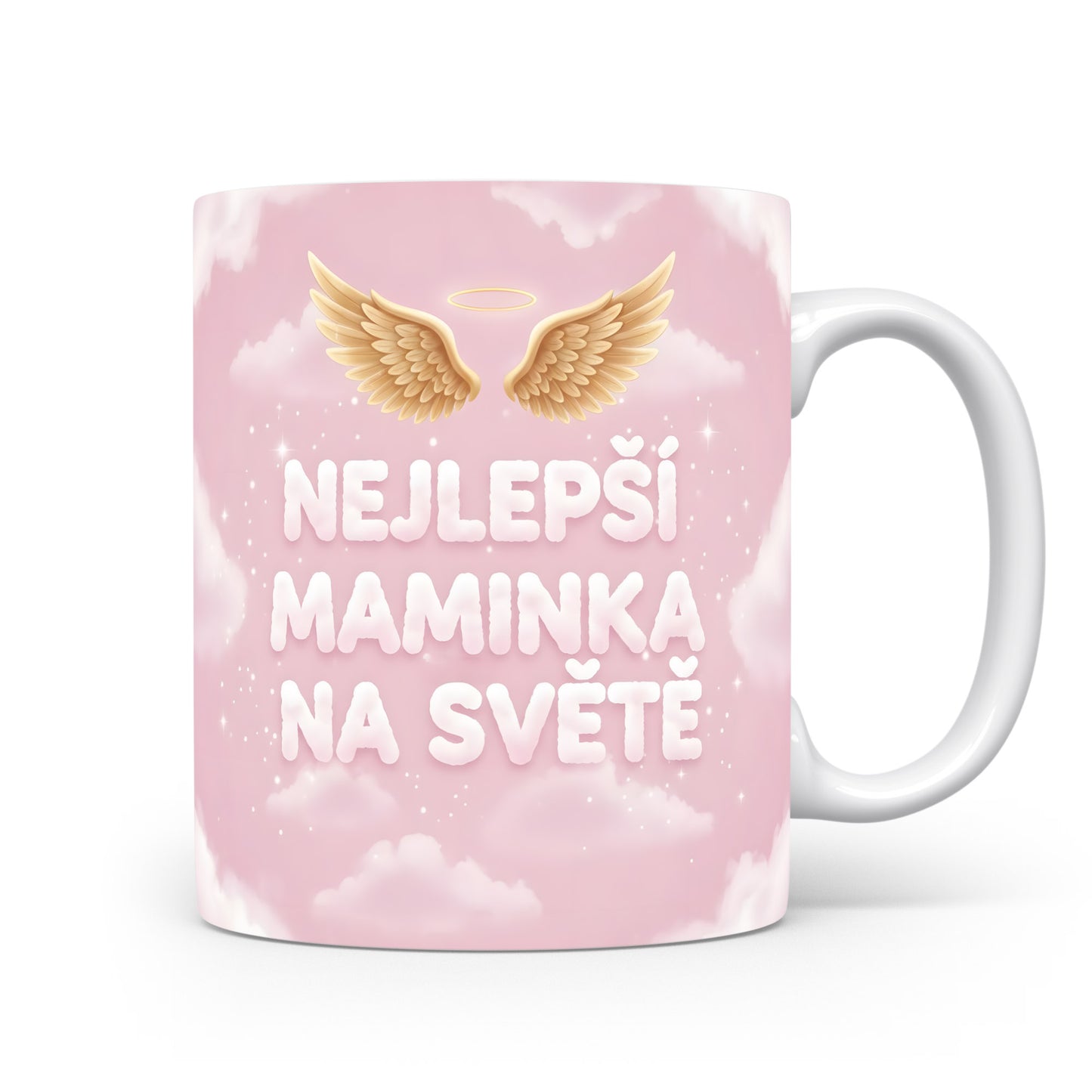 Hrnek NEJLEPŠÍ MAMINKA NA SVĚTĚ – andělská křídla na růžových oblacích – varianta 11