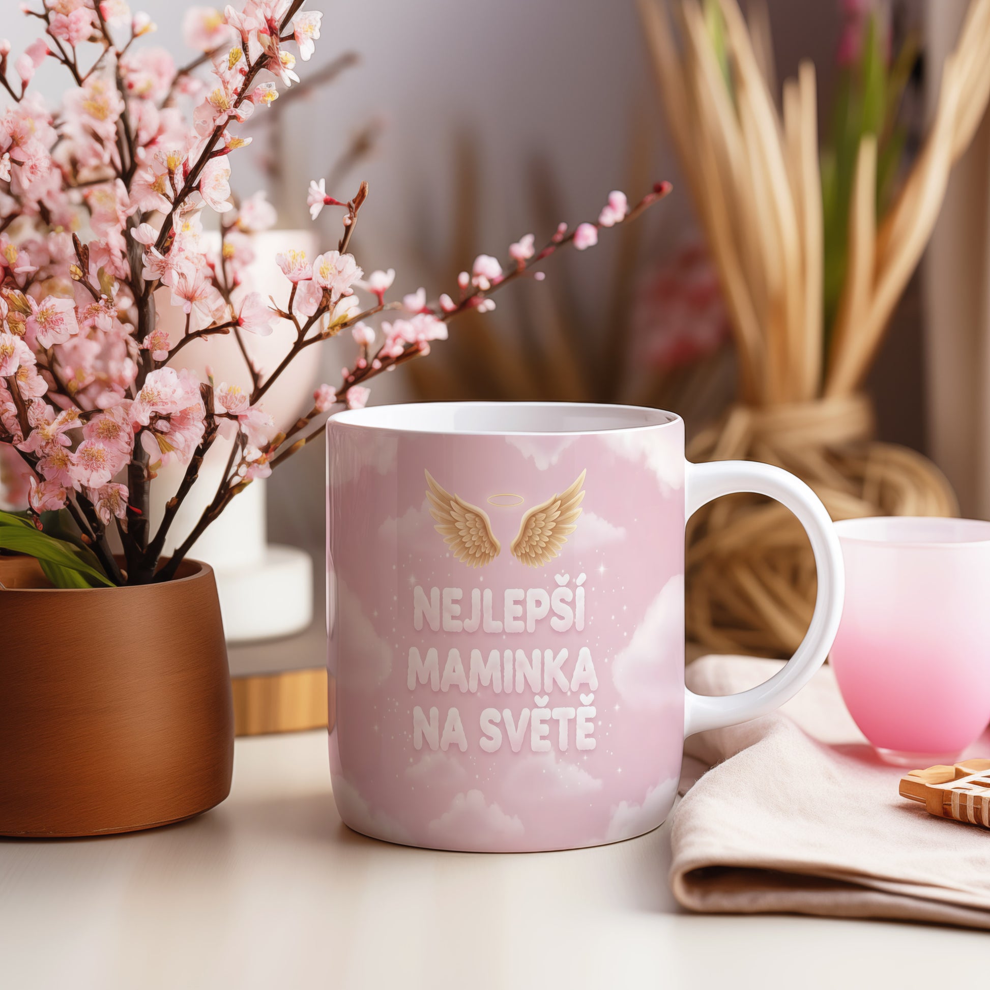 Hrnek NEJLEPŠÍ MAMINKA NA SVĚTĚ – andělská křídla na růžových oblacích – varianta 55