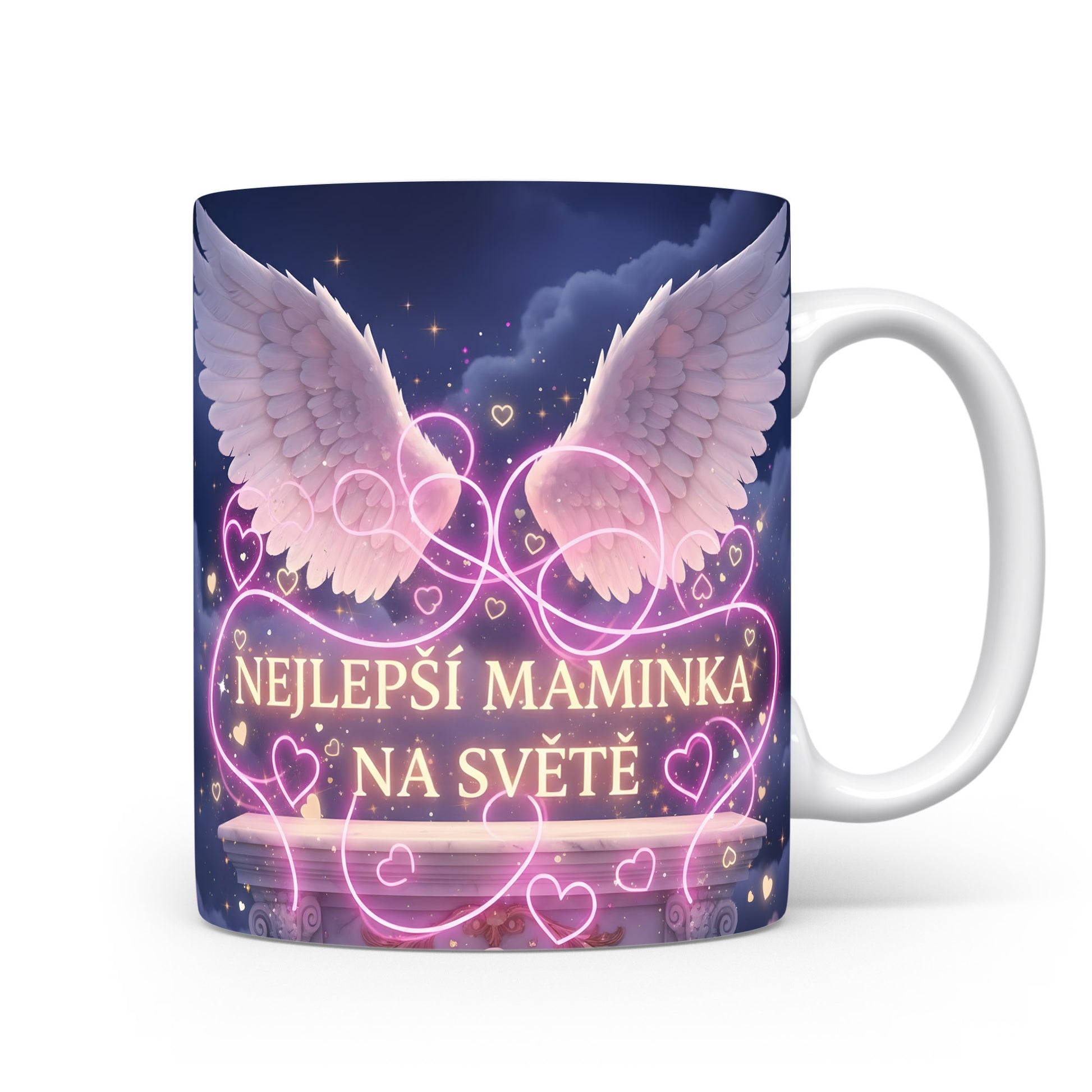 Hrnek NEJLEPŠÍ MAMINKA NA SVĚTĚ – andělská křídla na noční obloze – varianta 11