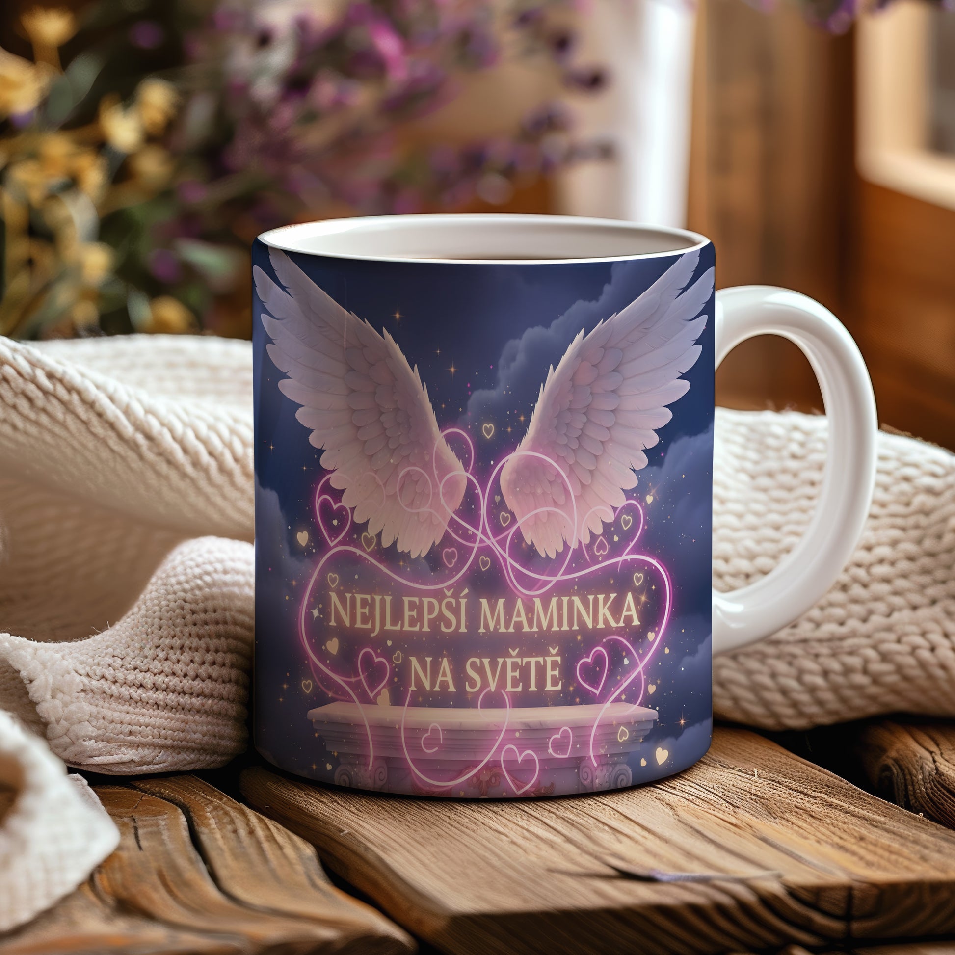 Hrnek NEJLEPŠÍ MAMINKA NA SVĚTĚ – andělská křídla na noční obloze – varianta 44