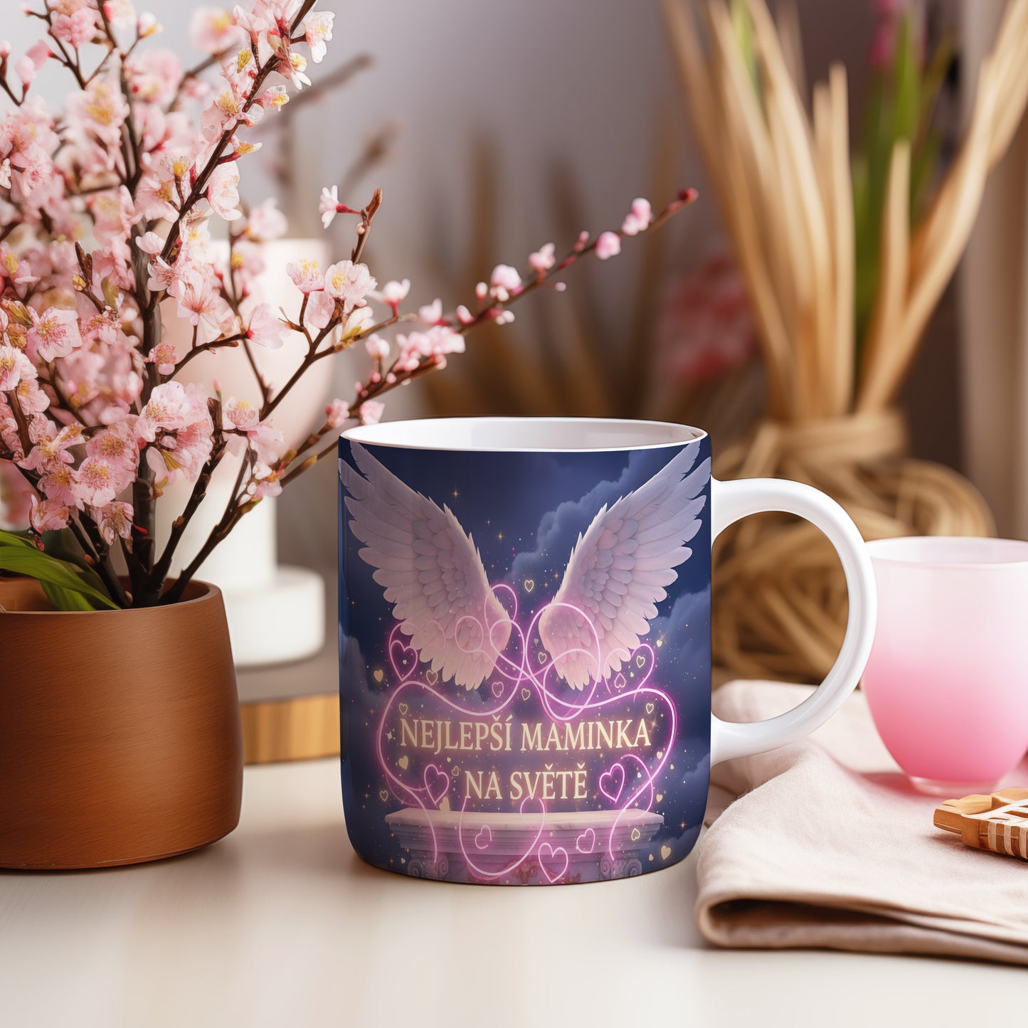 Hrnek NEJLEPŠÍ MAMINKA NA SVĚTĚ – andělská křídla na noční obloze – varianta 55
