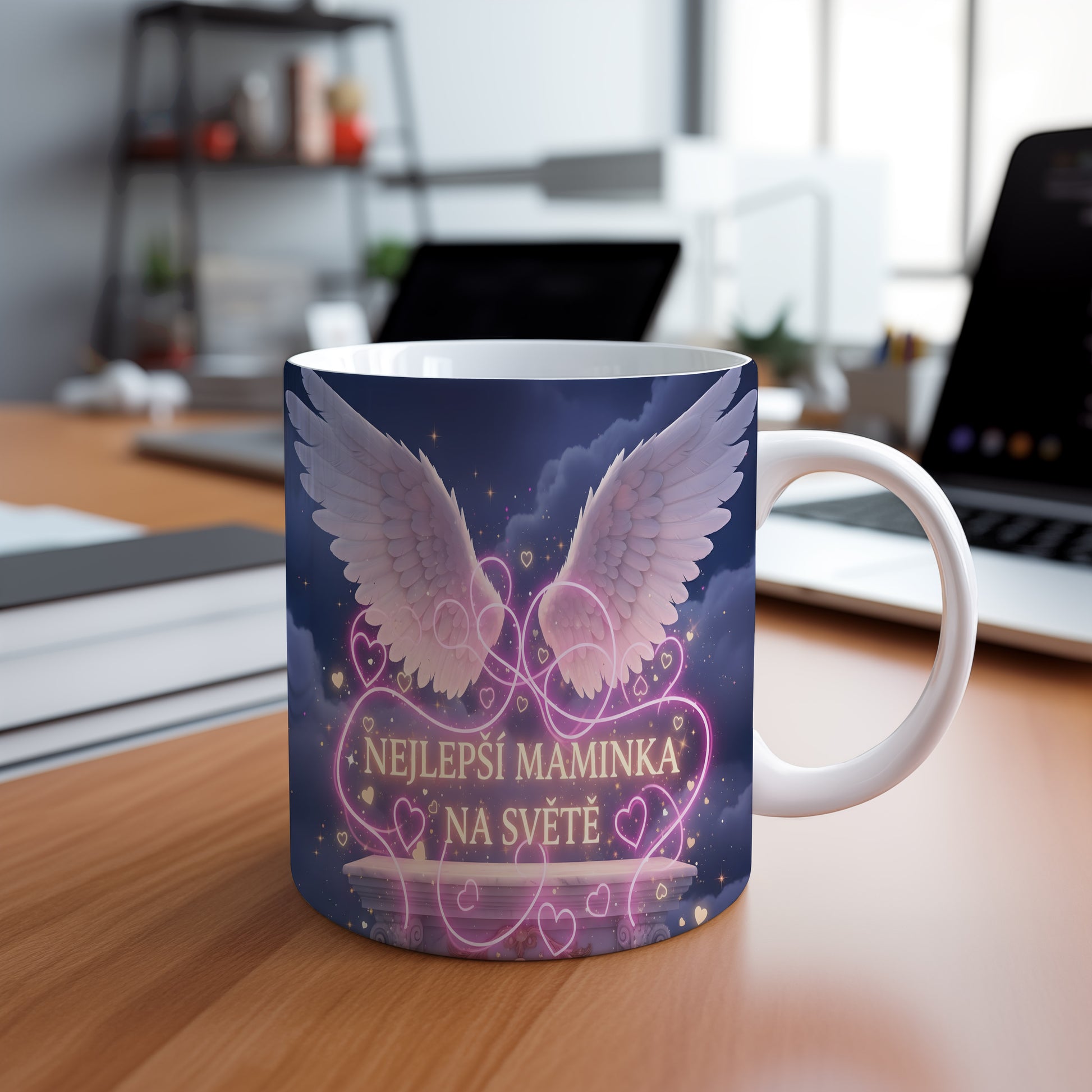 Hrnek NEJLEPŠÍ MAMINKA NA SVĚTĚ – andělská křídla na noční obloze – varianta 88