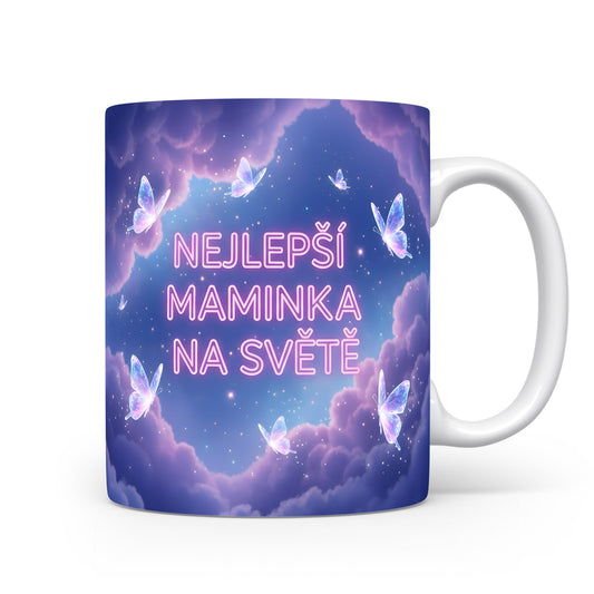 Hrnek NEJLEPŠÍ MAMINKA NA SVĚTĚ – snové motýli v oblacích – varianta 11