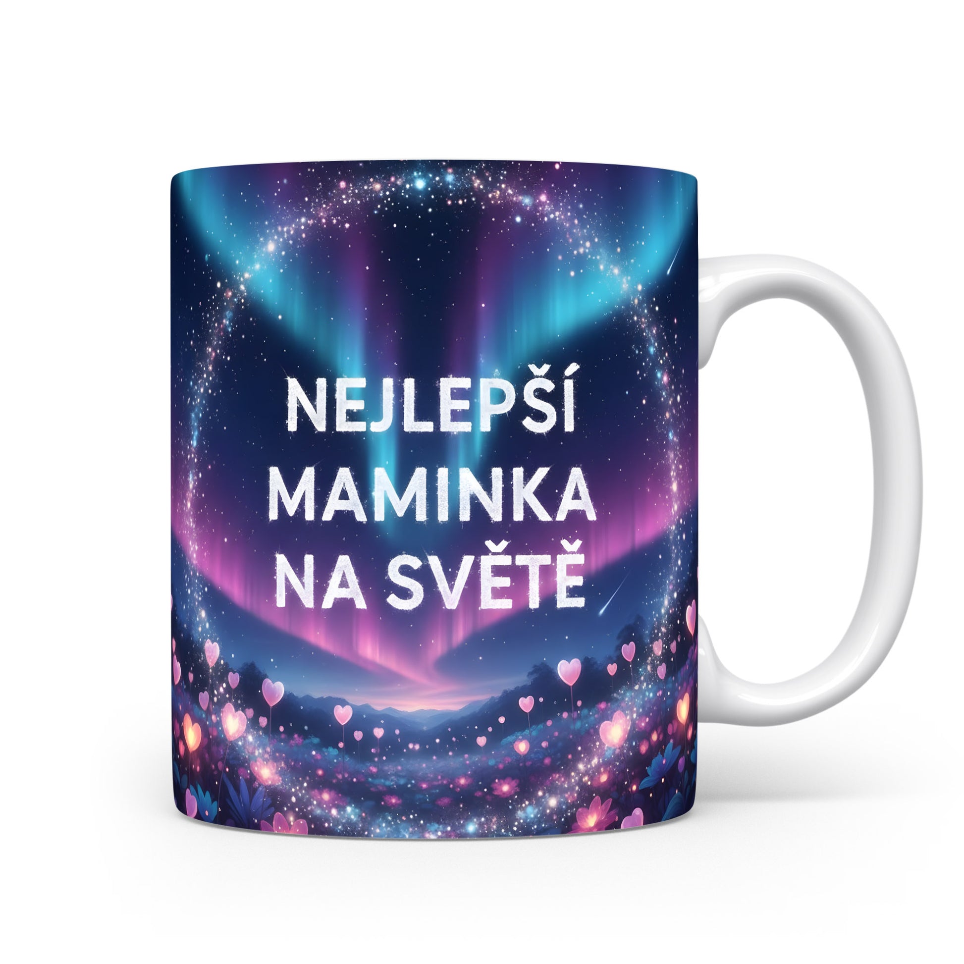 Hrnek Nejlepší maminka na světě – snová polární záře s růžovými srdíčky – varianta 11