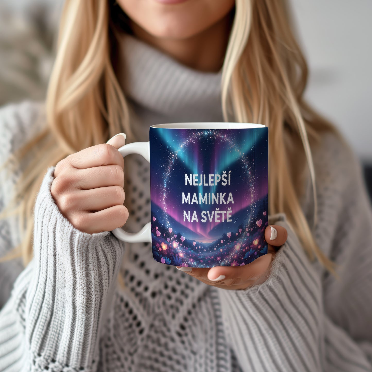 Hrnek Nejlepší maminka na světě – snová polární záře s růžovými srdíčky – varianta 22