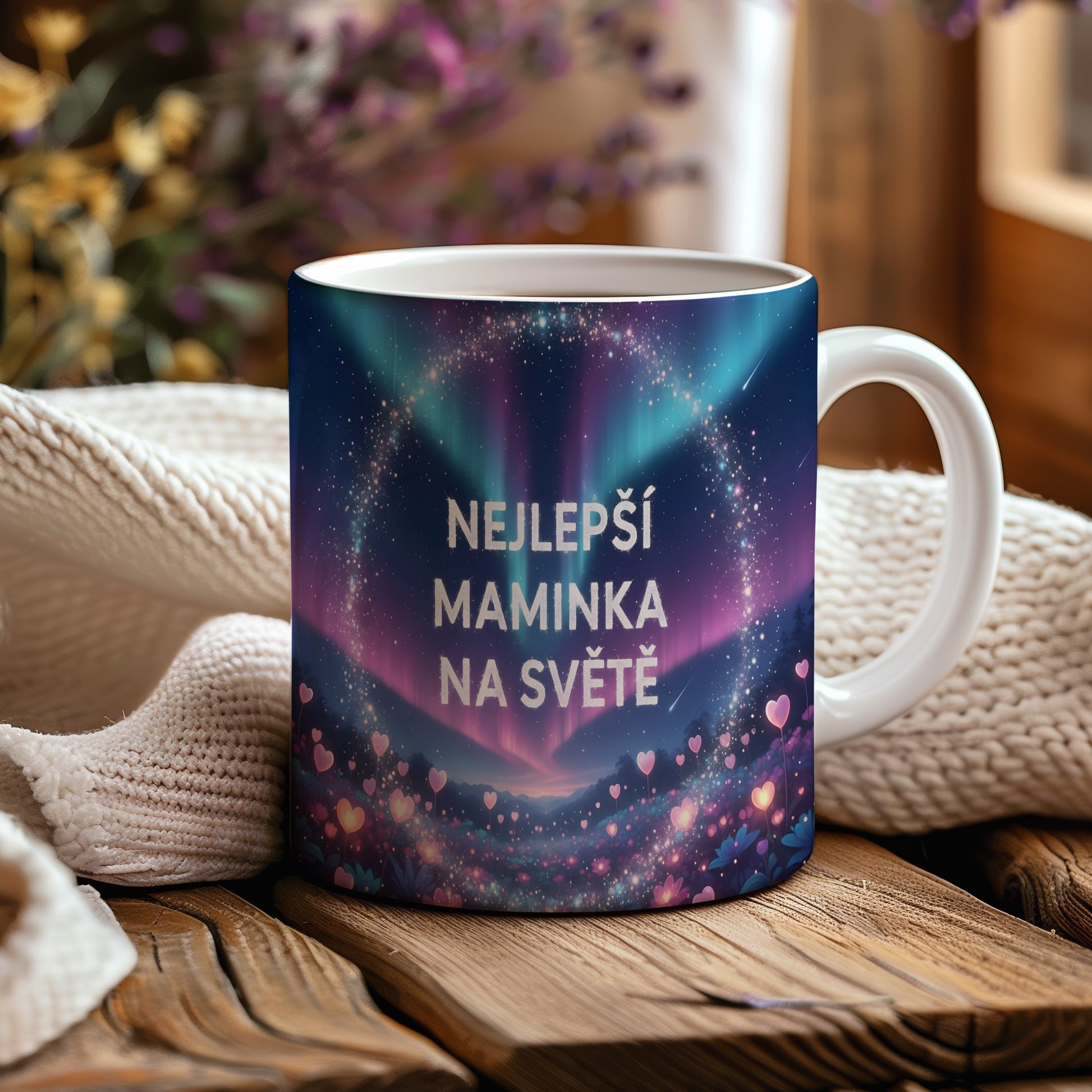Hrnek Nejlepší maminka na světě – snová polární záře s růžovými srdíčky – varianta 44