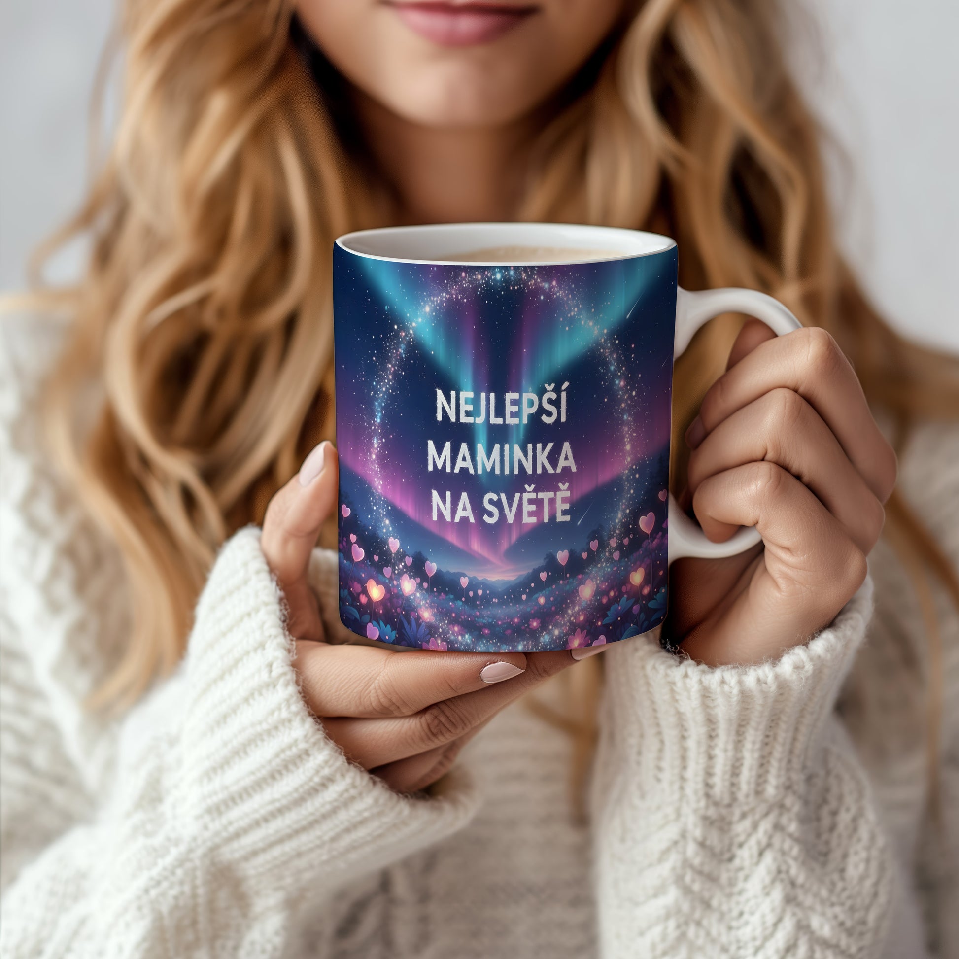 Hrnek Nejlepší maminka na světě – snová polární záře s růžovými srdíčky – varianta 66