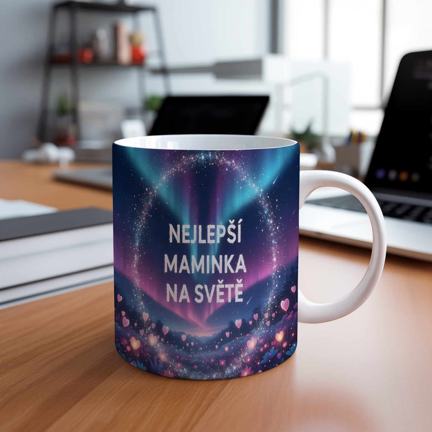 Hrnek Nejlepší maminka na světě – snová polární záře s růžovými srdíčky – varianta 88