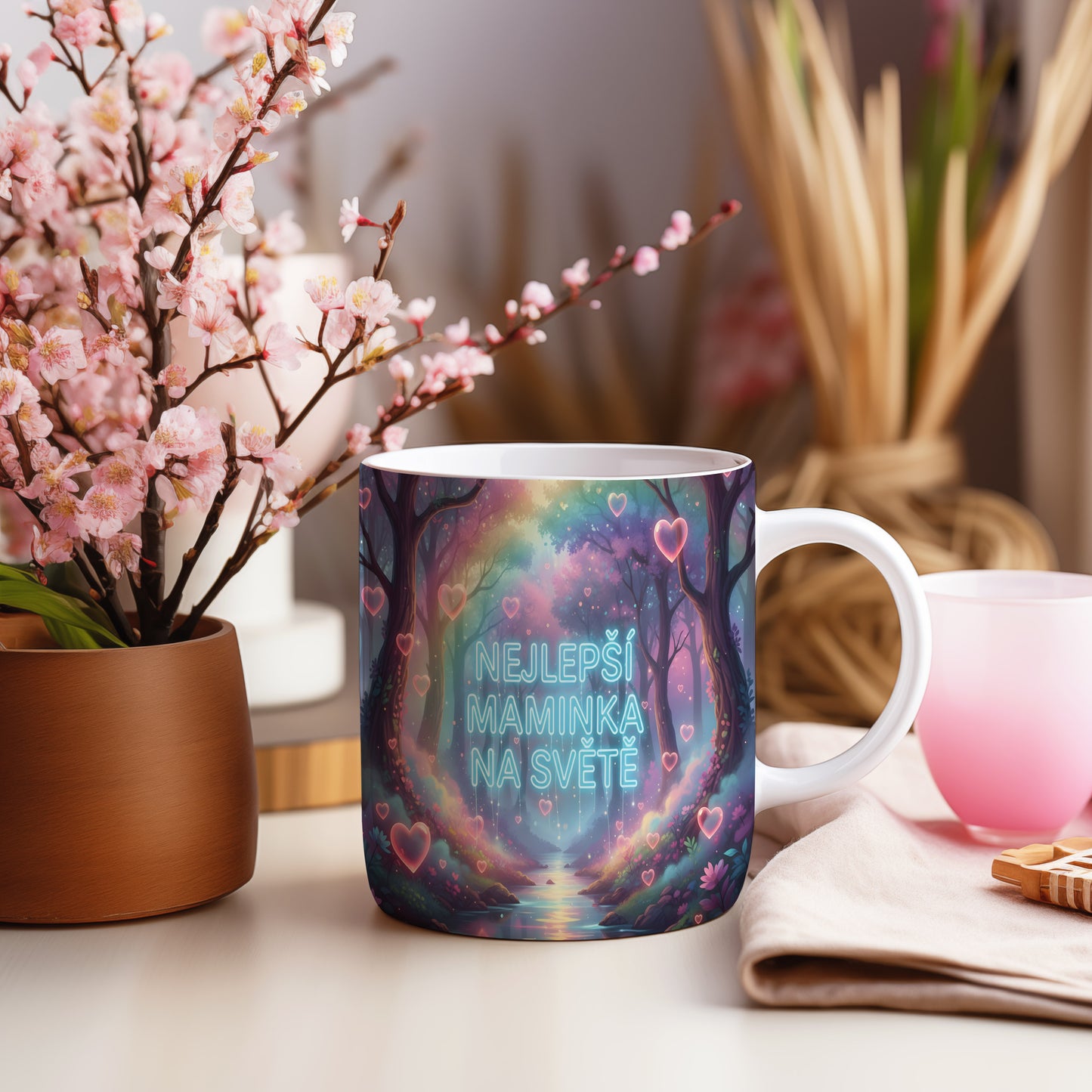 Hrnek Nejlepší maminka na světě – snový les plný růžových srdcí – varianta 55