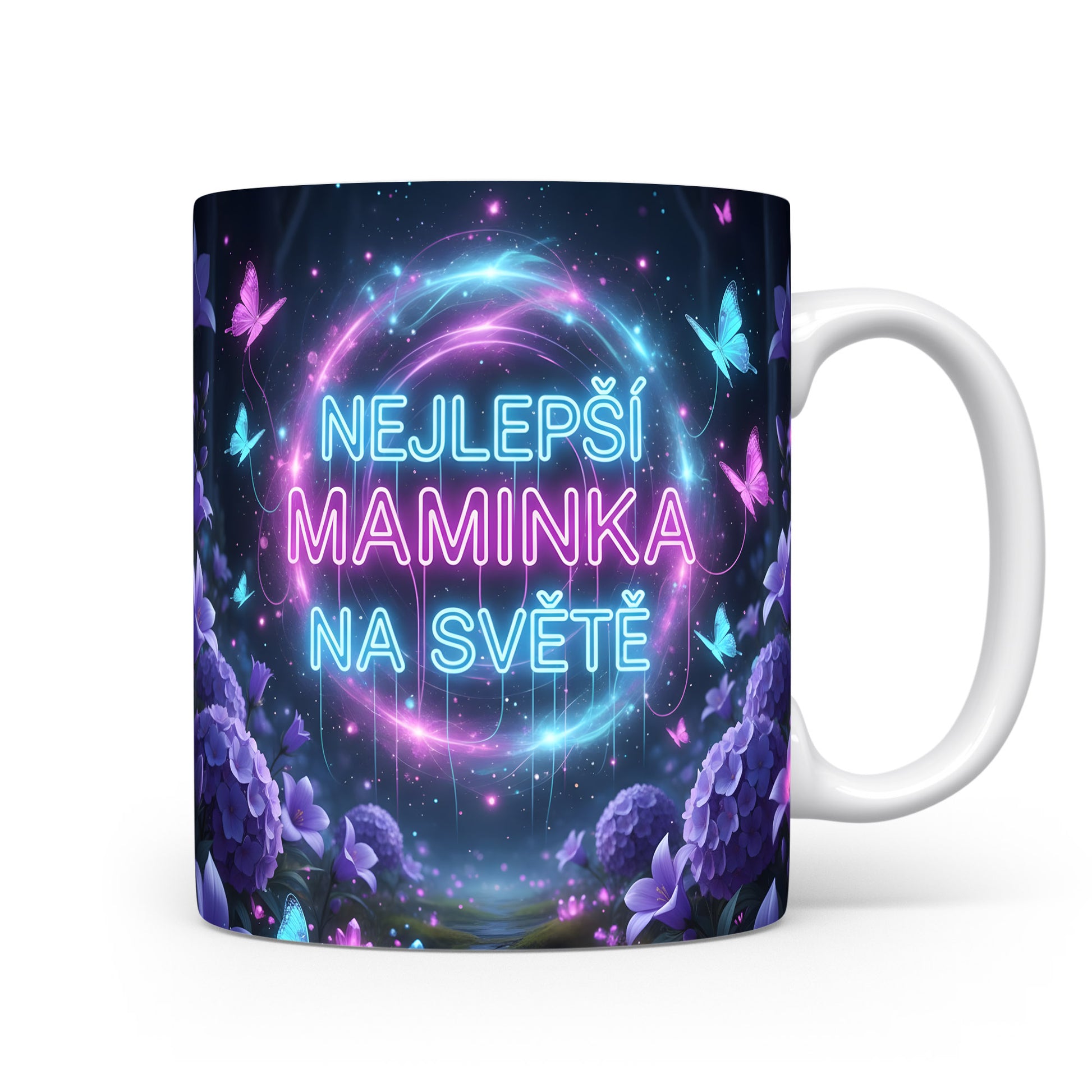 Hrnek NEJLEPŠÍ MAMINKA NA SVĚTĚ – neonová záře s motýly a květinami – varianta 11