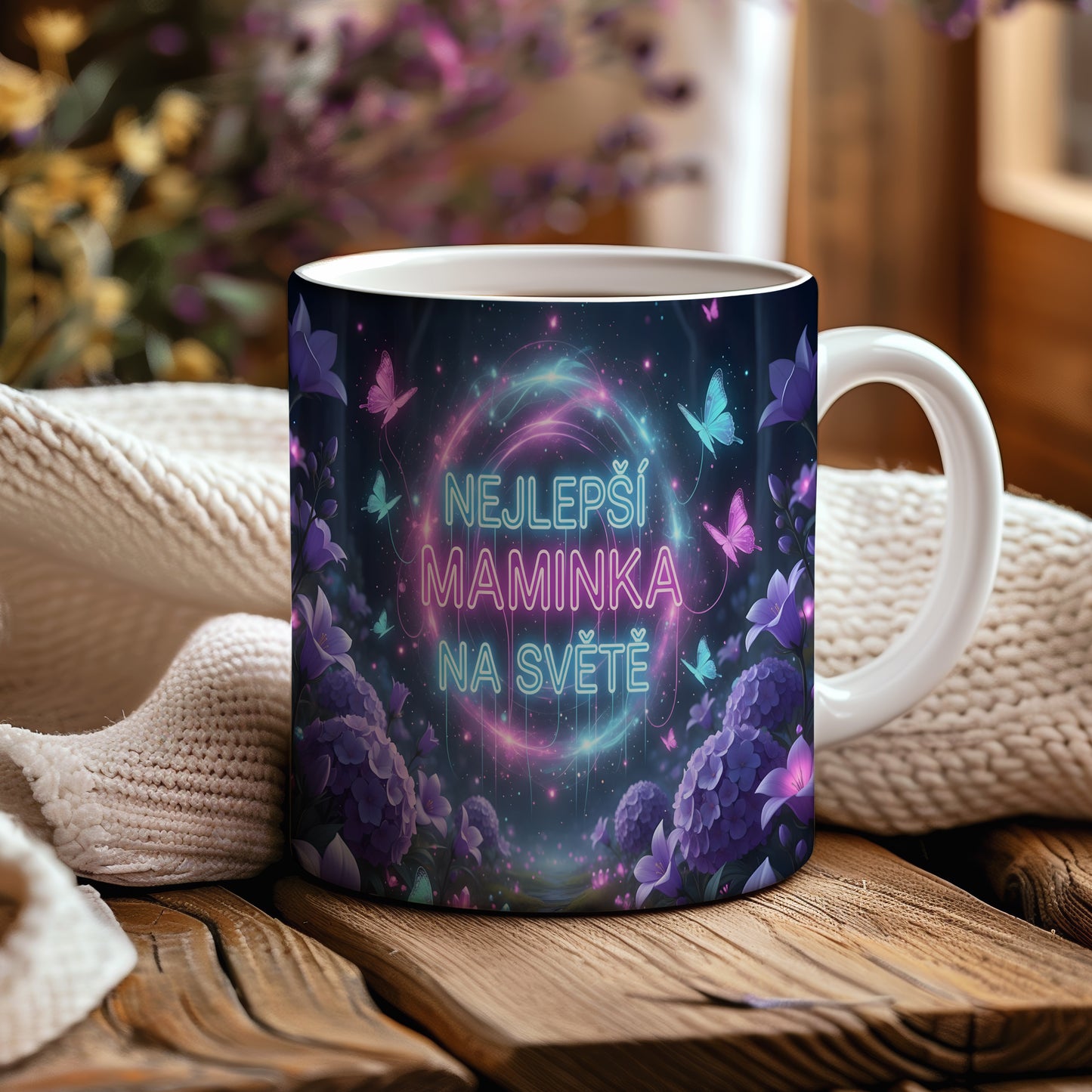 Hrnek NEJLEPŠÍ MAMINKA NA SVĚTĚ – neonová záře s motýly a květinami – varianta 44