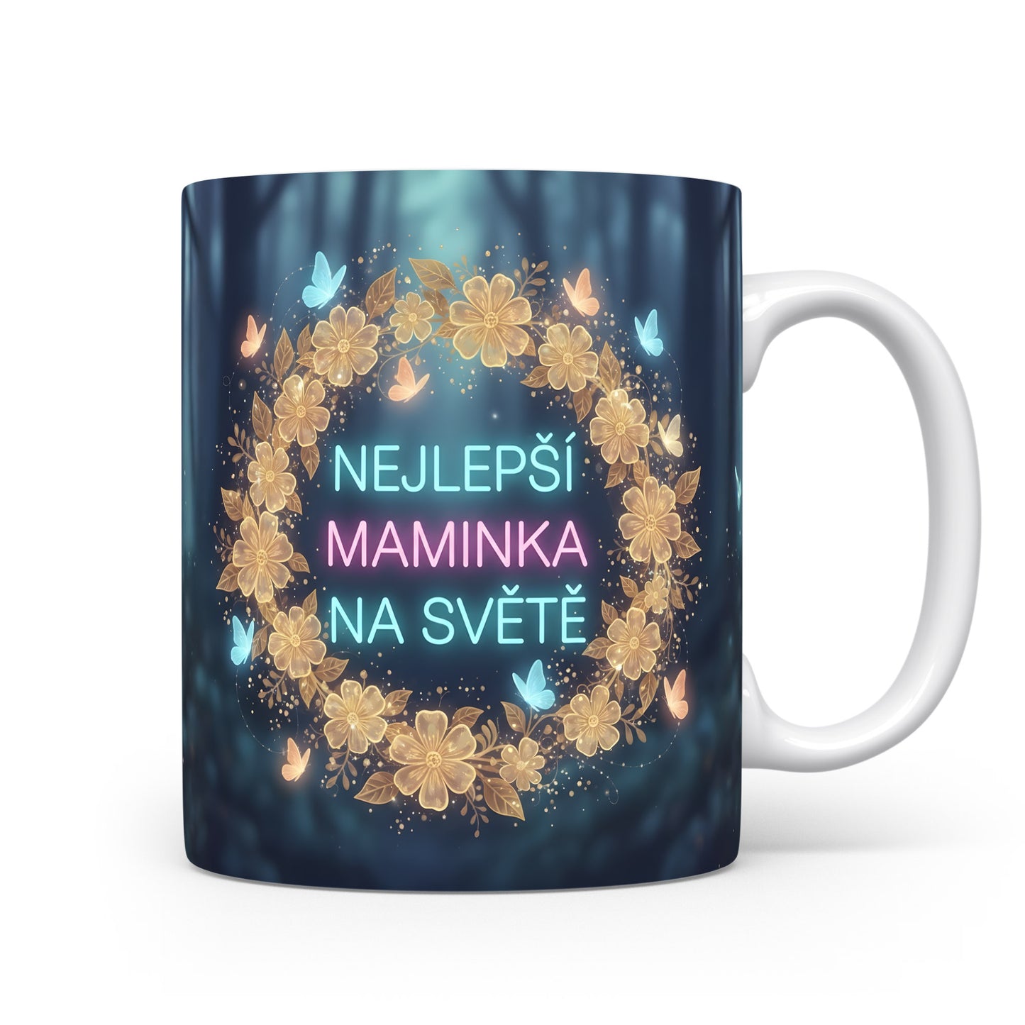 Hrnek NEJLEPŠÍ MAMINKA NA SVĚTĚ – květinový věnec s motýly na snovém pozadí – varianta 11