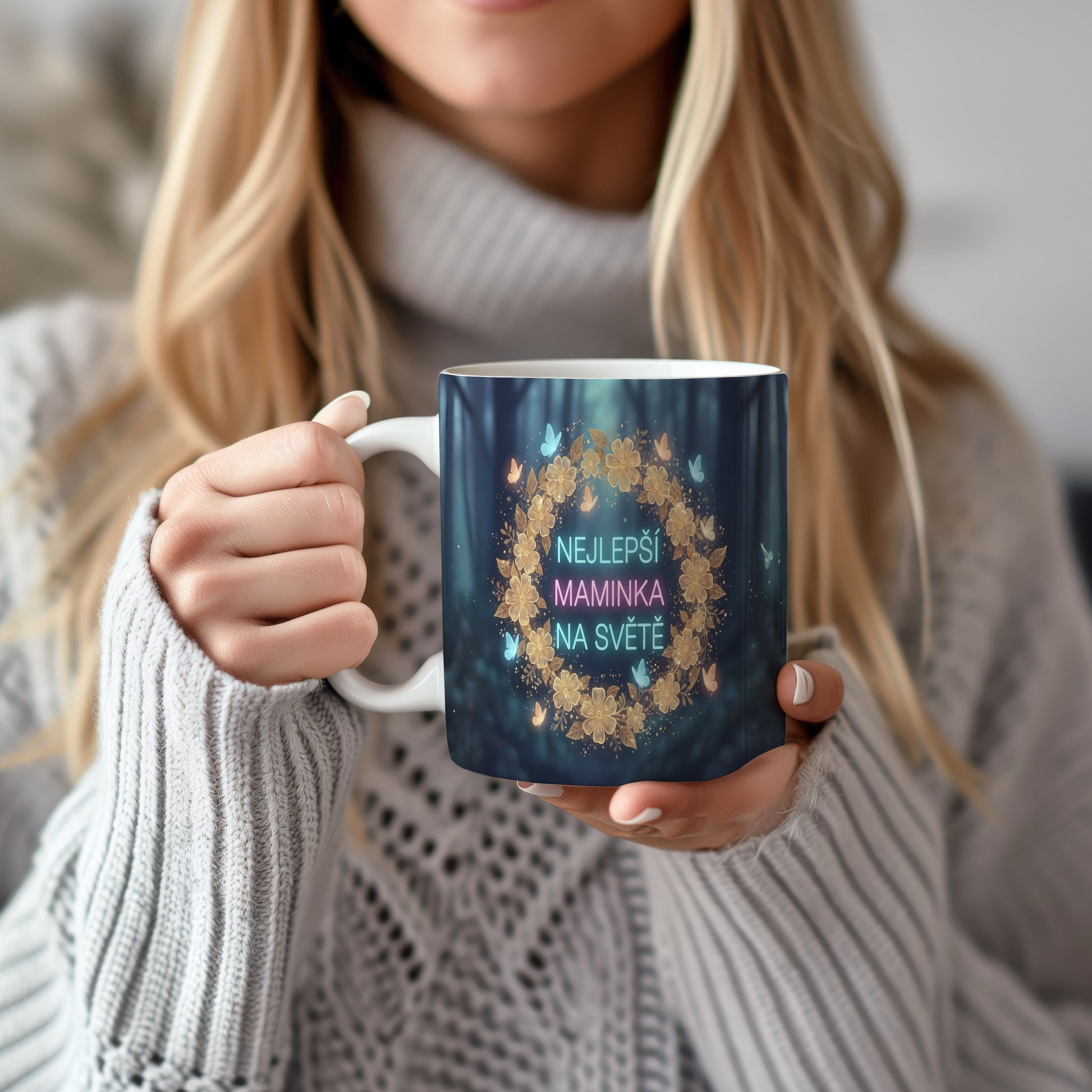 Hrnek NEJLEPŠÍ MAMINKA NA SVĚTĚ – květinový věnec s motýly na snovém pozadí – varianta 22