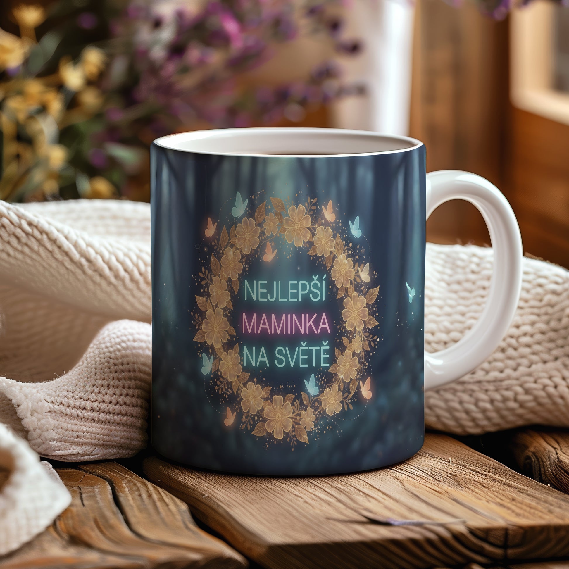 Hrnek NEJLEPŠÍ MAMINKA NA SVĚTĚ – květinový věnec s motýly na snovém pozadí – varianta 44