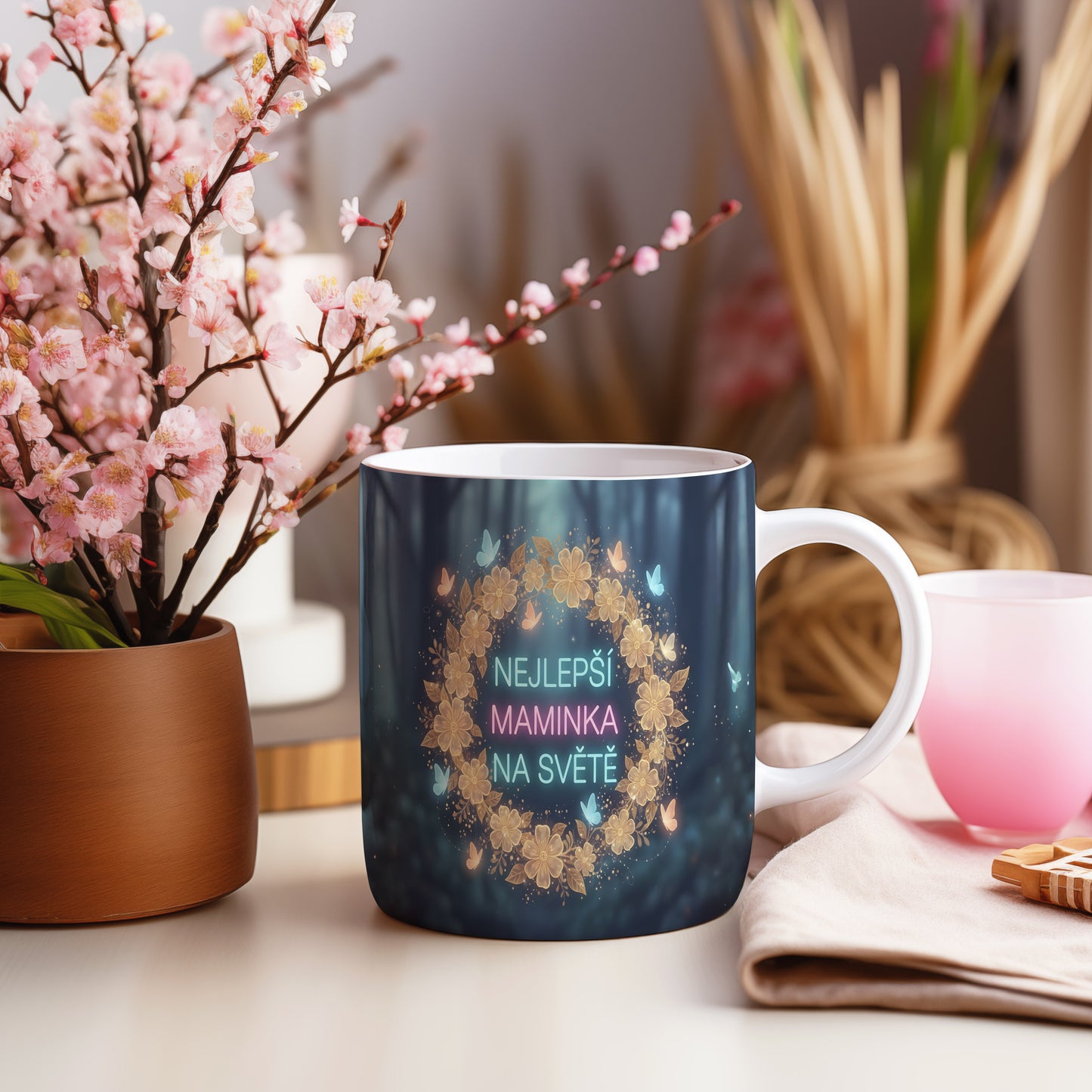 Hrnek NEJLEPŠÍ MAMINKA NA SVĚTĚ – květinový věnec s motýly na snovém pozadí – varianta 55