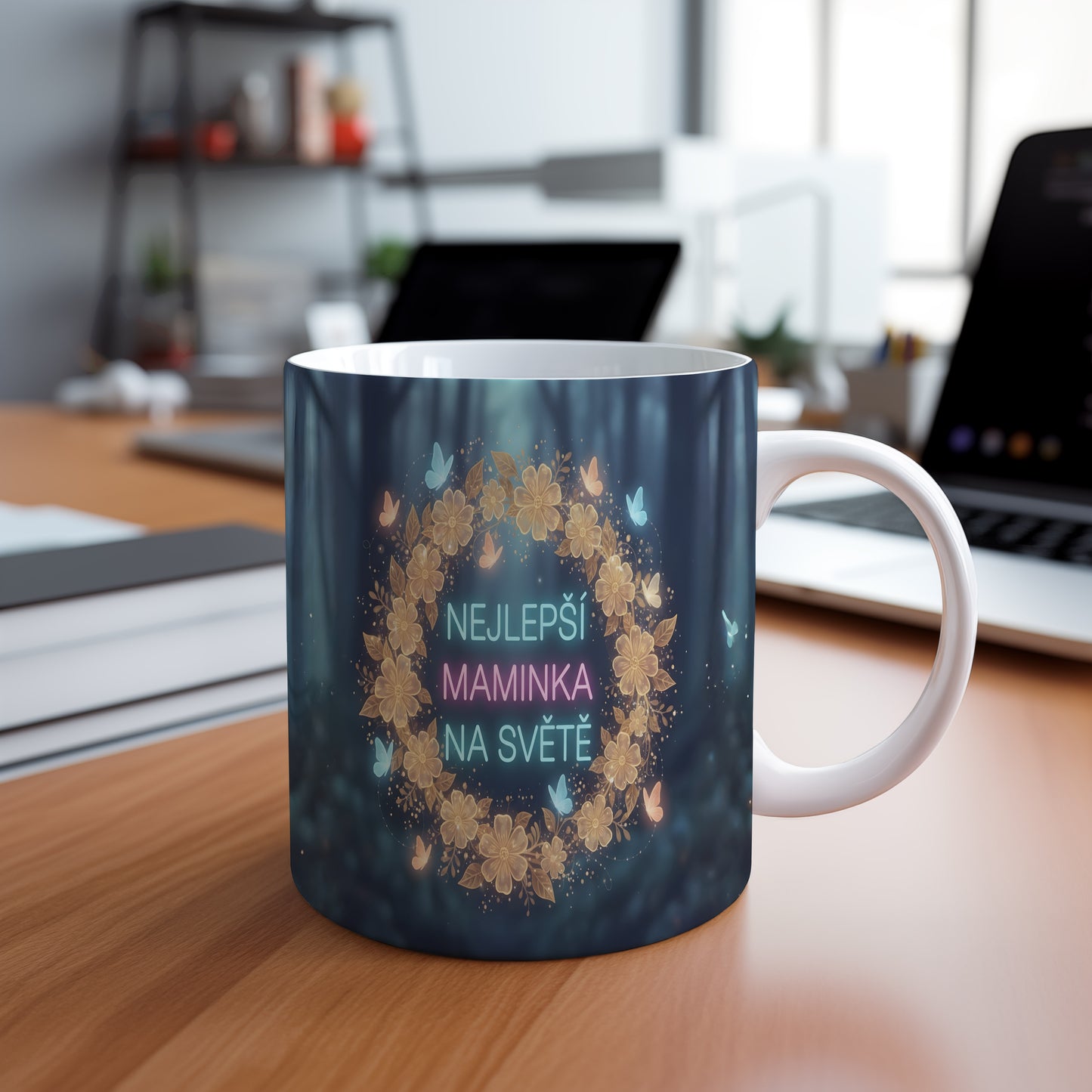 Hrnek NEJLEPŠÍ MAMINKA NA SVĚTĚ – květinový věnec s motýly na snovém pozadí – varianta 88