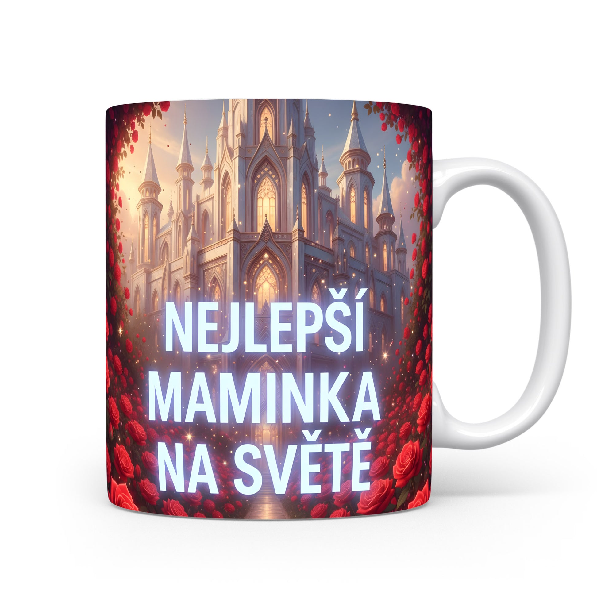 Hrnek Nejlepší maminka na světě – pohádkový zámek obklopený červenými růžemi – varianta 11