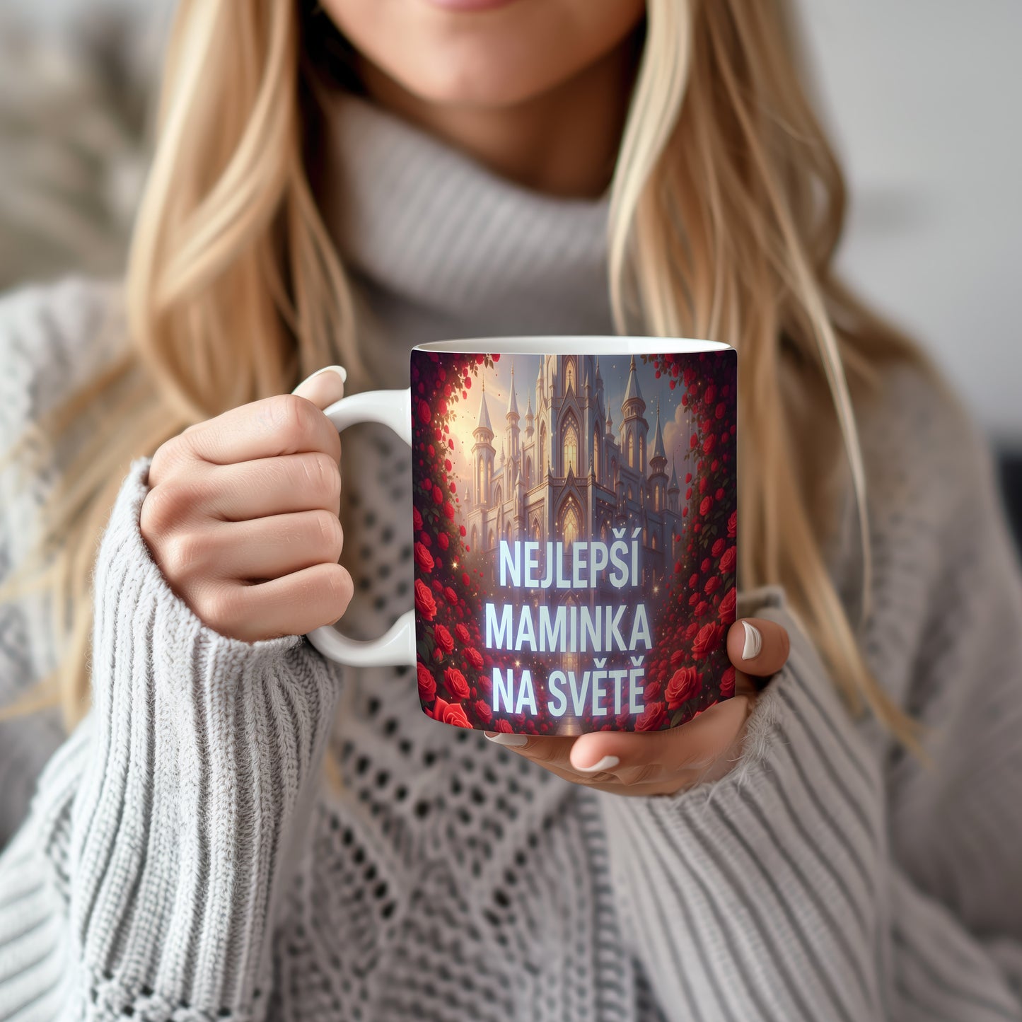 Hrnek Nejlepší maminka na světě – pohádkový zámek obklopený červenými růžemi – varianta 22