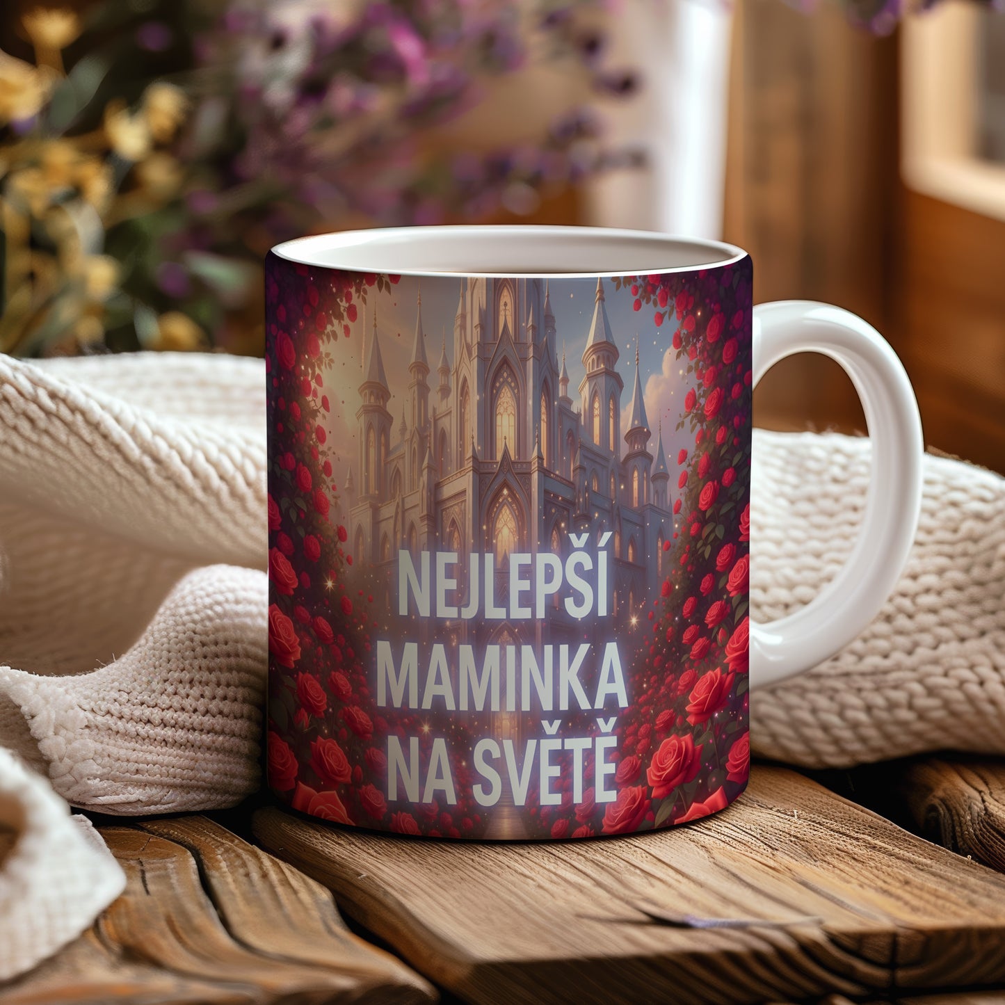 Hrnek Nejlepší maminka na světě – pohádkový zámek obklopený červenými růžemi – varianta 44