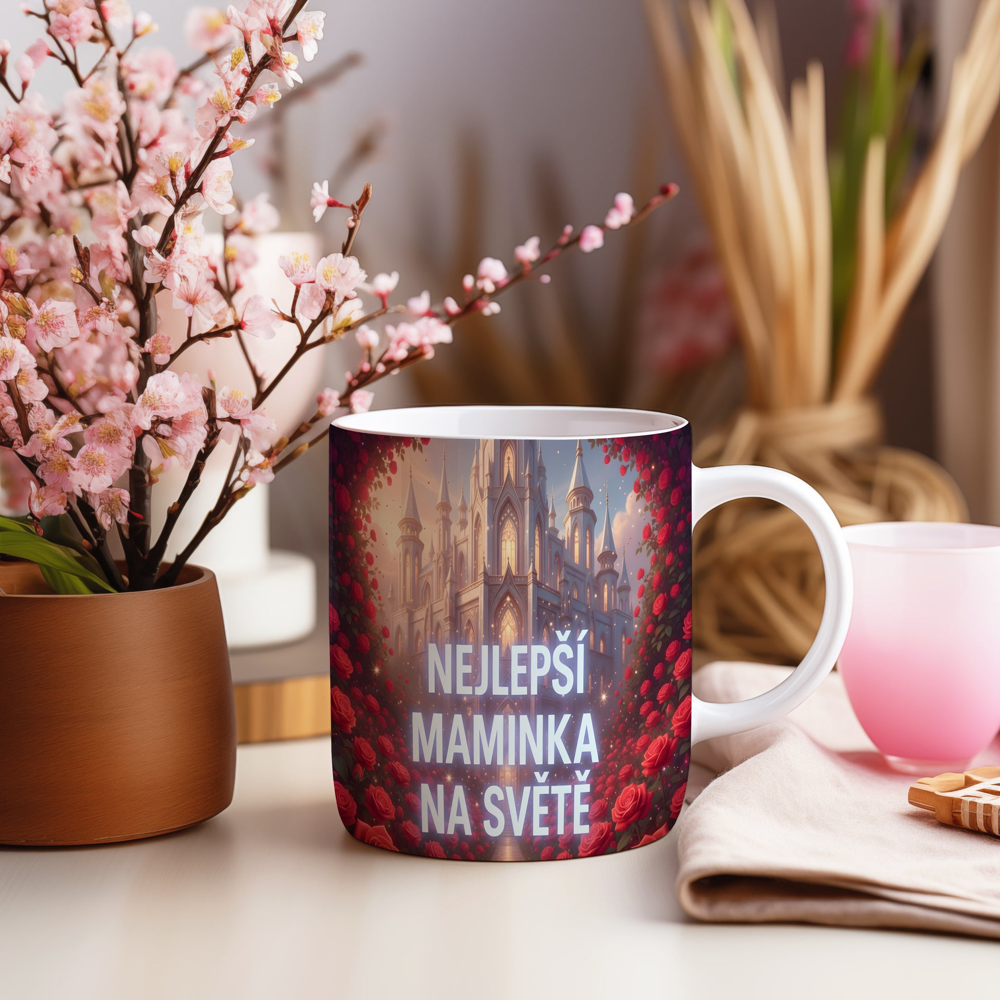 Hrnek Nejlepší maminka na světě – pohádkový zámek obklopený červenými růžemi – varianta 55