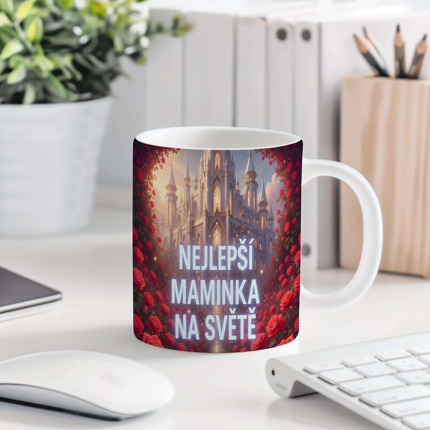 Hrnek Nejlepší maminka na světě – pohádkový zámek obklopený červenými růžemi – varianta 77