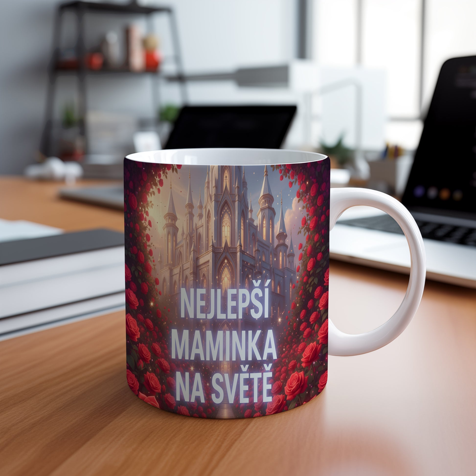 Hrnek Nejlepší maminka na světě – pohádkový zámek obklopený červenými růžemi – varianta 88