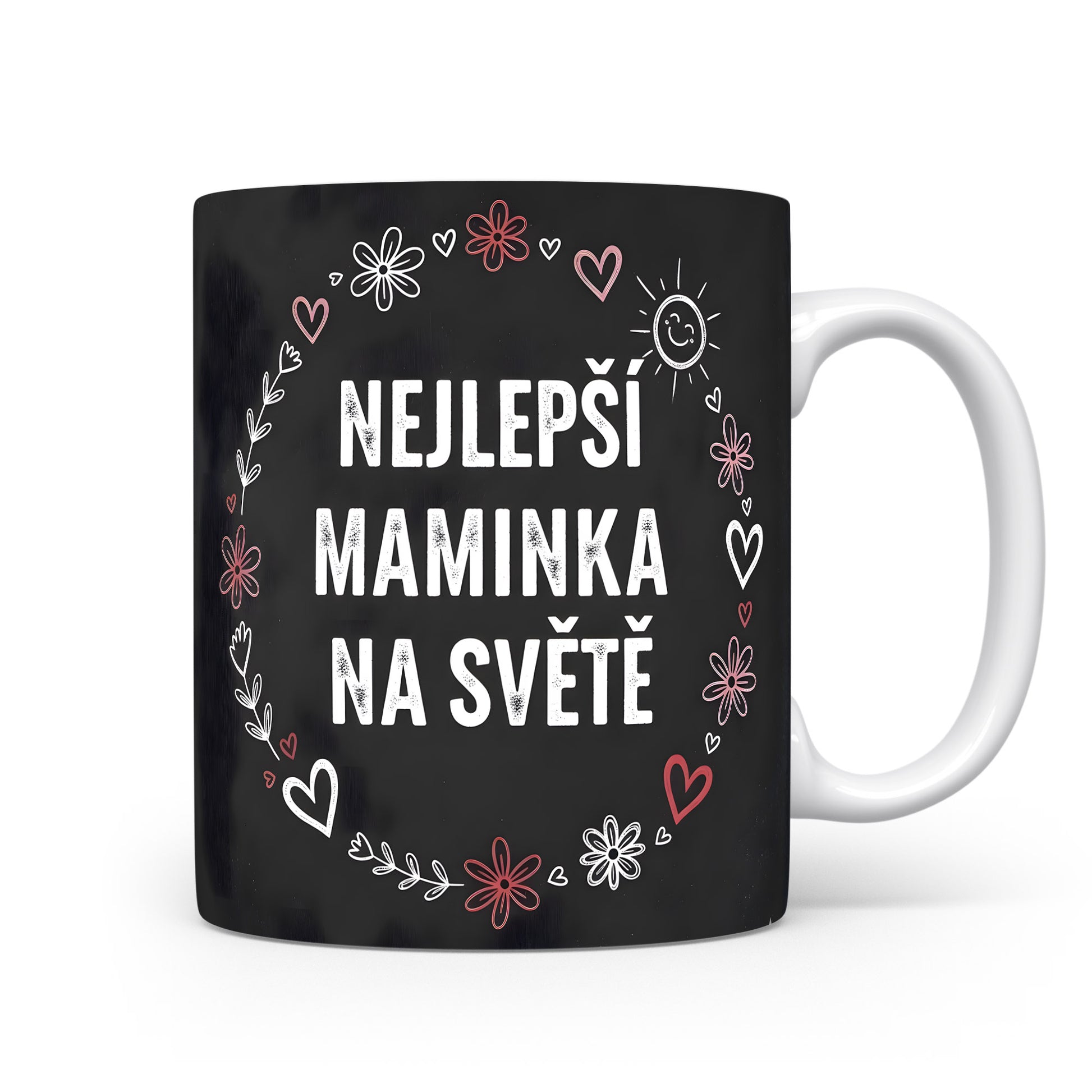 Hrnek Nejlepší maminka na světě – květinový věnec a srdíčka na černém pozadí – varianta 11