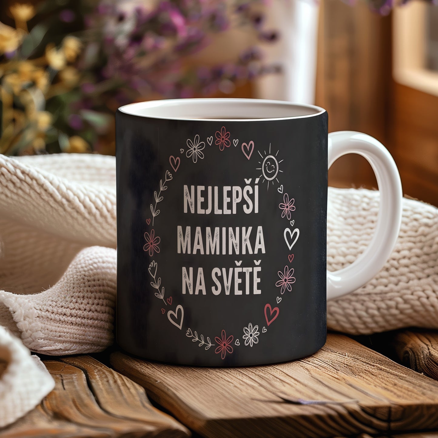 Hrnek Nejlepší maminka na světě – květinový věnec a srdíčka na černém pozadí – varianta 44