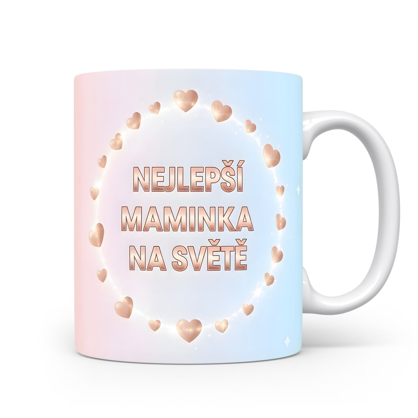 Hrnek Nejlepší maminka na světě – zlatá srdíčka na pastelovém pozadí – varianta 11