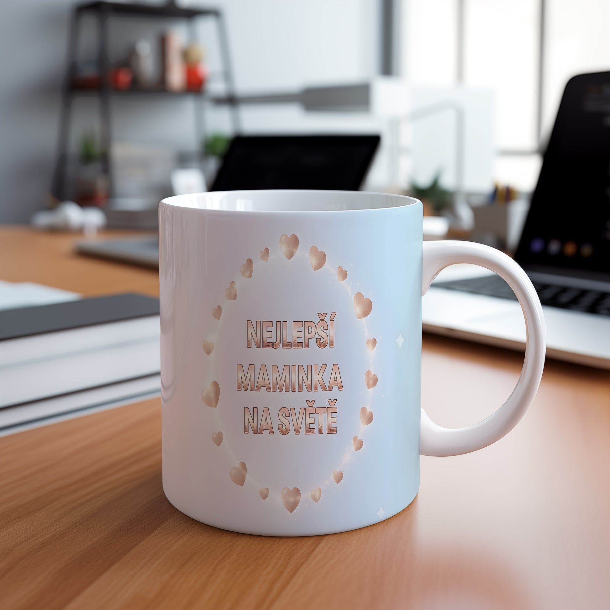 Hrnek Nejlepší maminka na světě – zlatá srdíčka na pastelovém pozadí – varianta 88