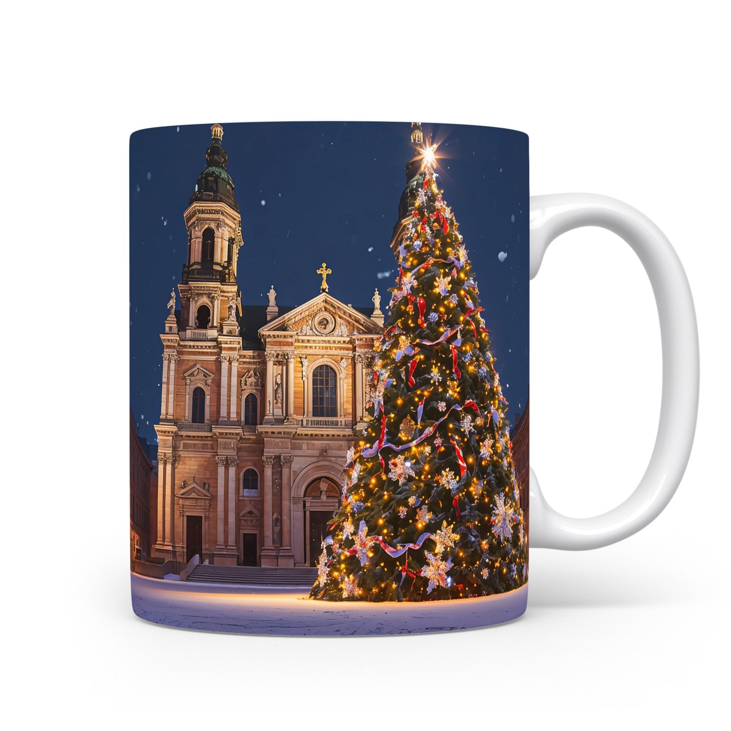 Hrnek s vánočním stromem a kostelem.