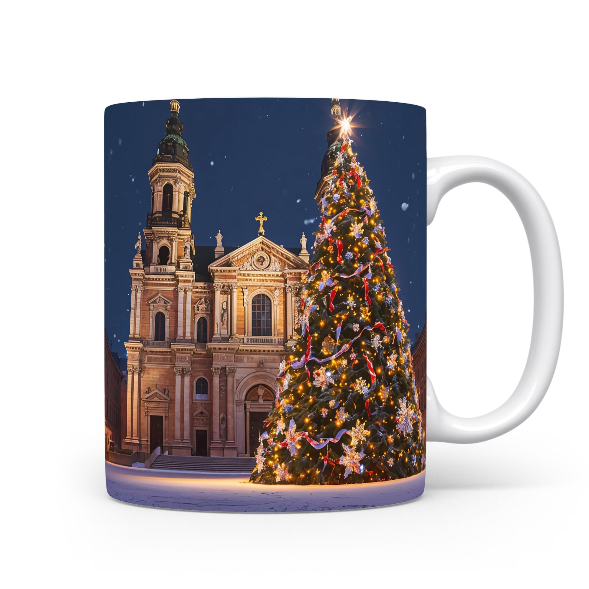 Hrnek s vánočním stromem a kostelem.
