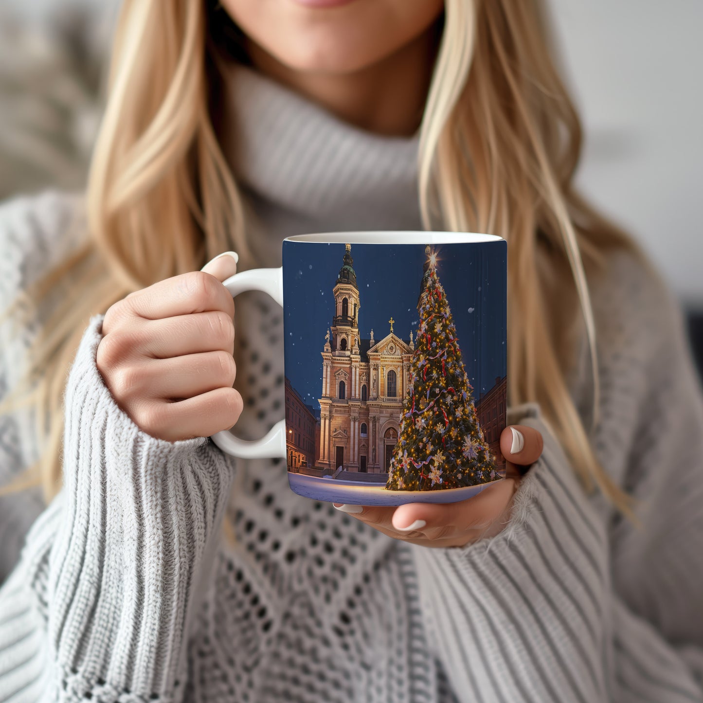 Hrnek s vánočním motivem – osvětlený strom před kostelem