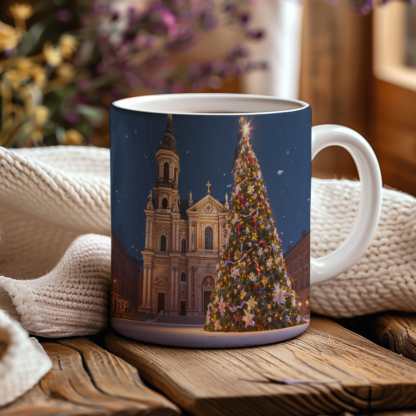 Hrnek s vánočním motivem – osvětlený strom před kostelem