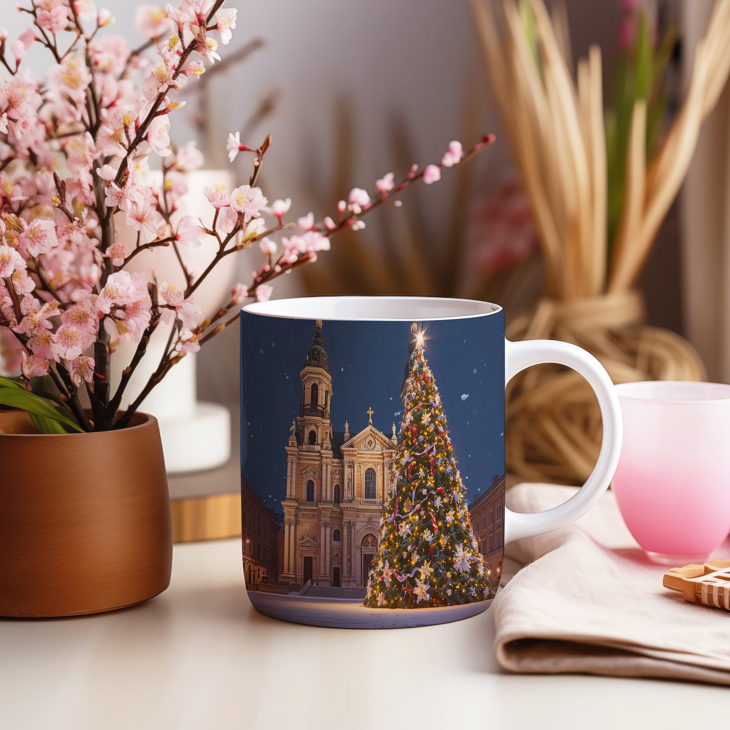 Hrnek s vánočním motivem – osvětlený strom před kostelem