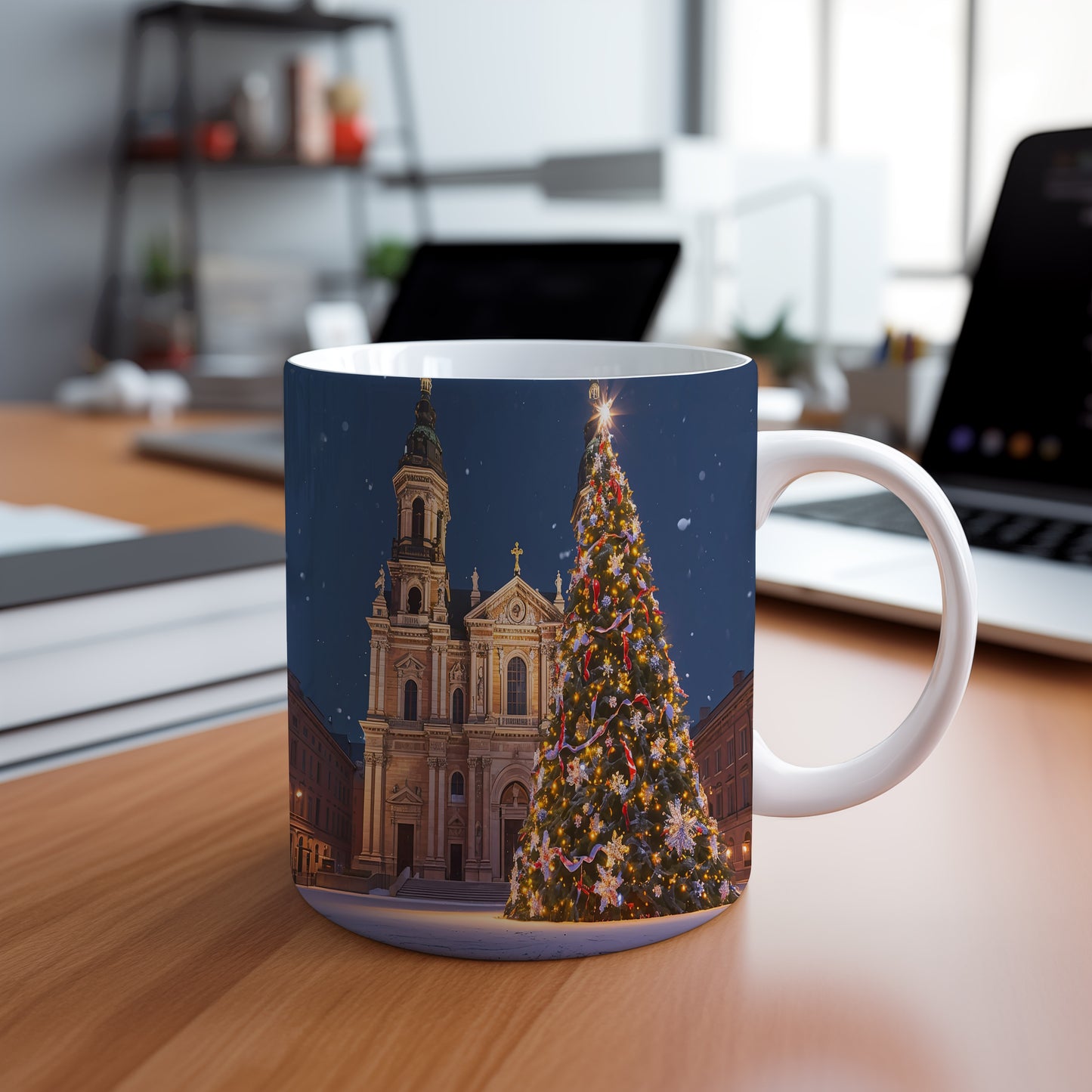 Hrnek s vánočním motivem – osvětlený strom před kostelem