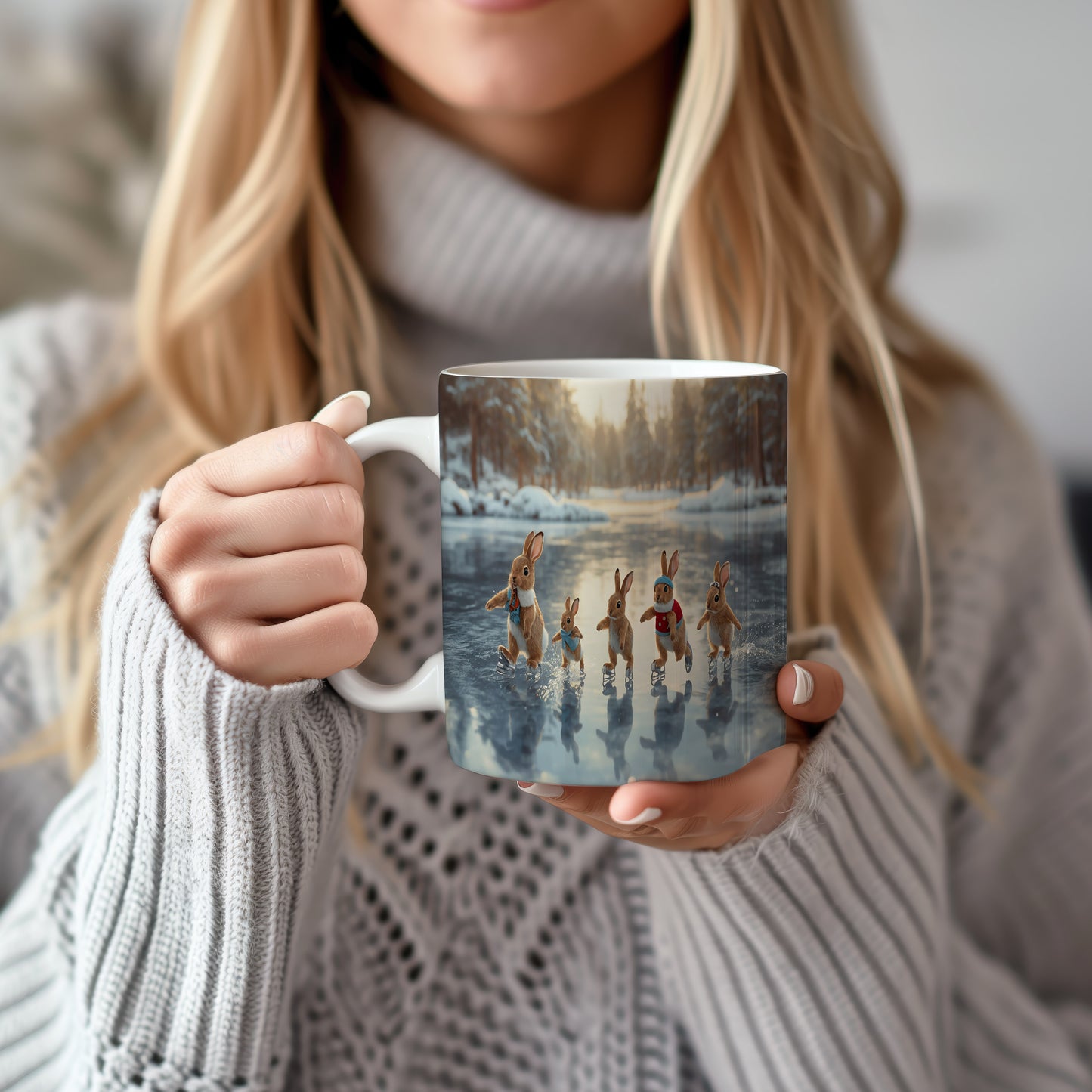 Hrnek s vánočním motivem – králíčci na ledě